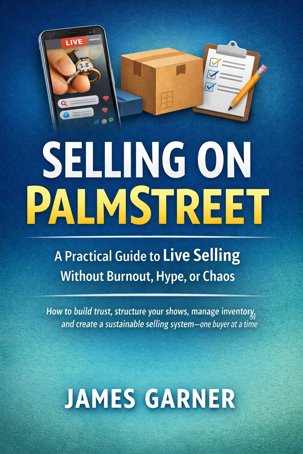 Book cover titled 'Selling on PalmStreet' by James Garner, featuring an illustration of a smartphone showing a live video, a cardboard box, a clipboard with checklist, and a pencil on a blue background.