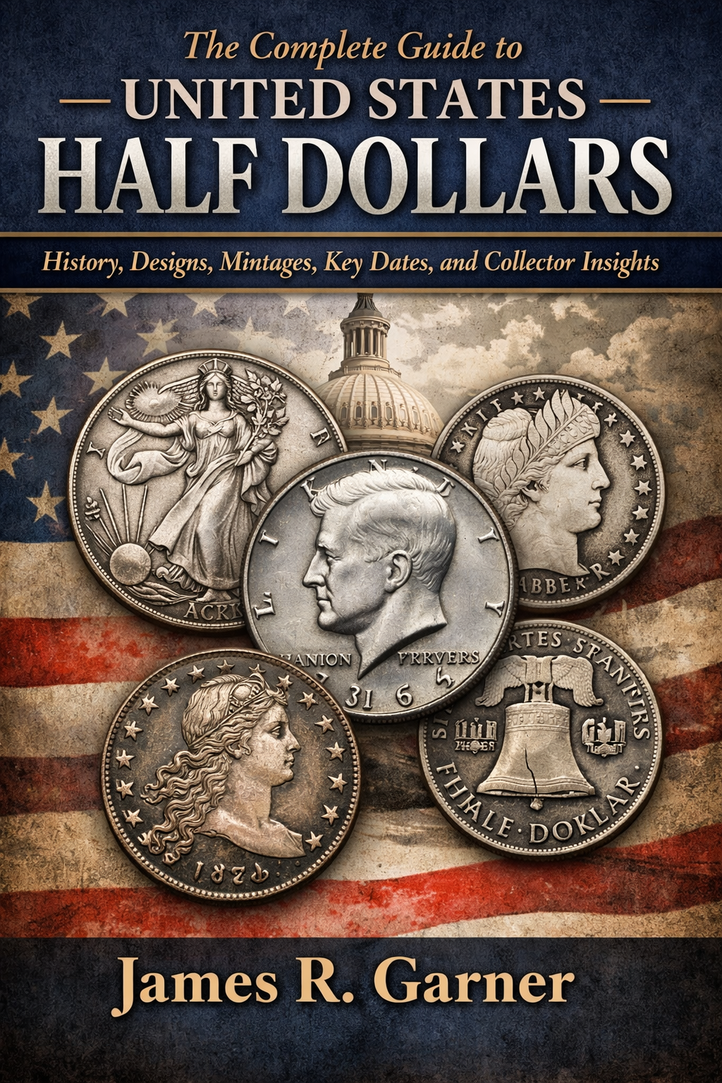 Book cover titled 'The Complete Guide to United States Half Dollars' by James R. Garner, featuring images of various U.S. half dollar coins with an American flag background and a government building dome.