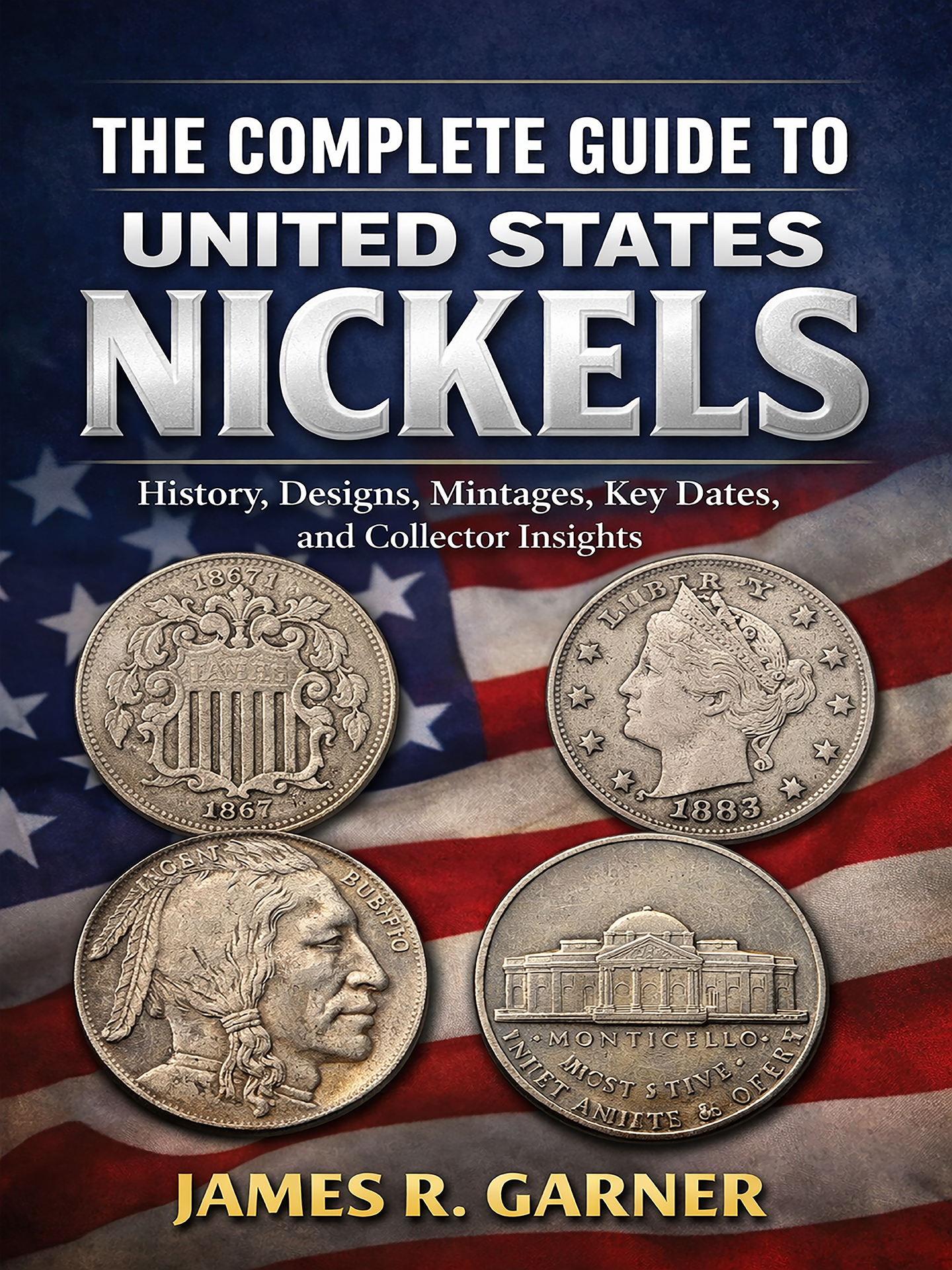 Book cover titled 'The Complete Guide to United States Nickels' with images of various nickels and an American flag in the background.