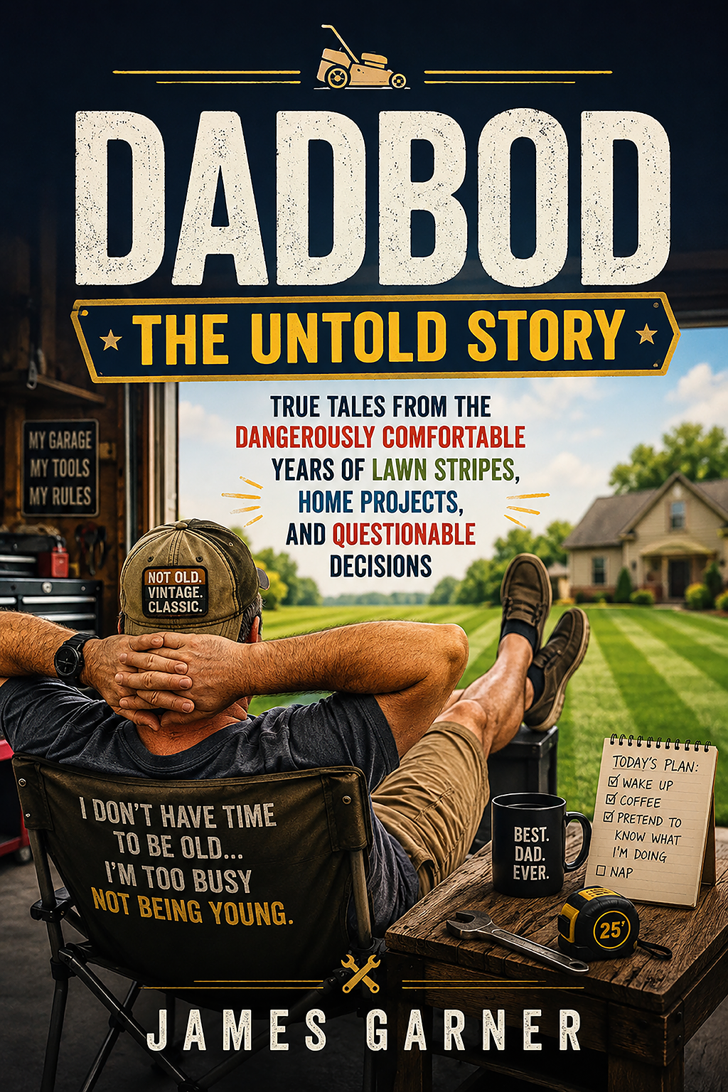 Book cover for "Dadbod: The Untold Story" by James Garner, featuring a man relaxing outdoors, a lawn, and a house in the background.