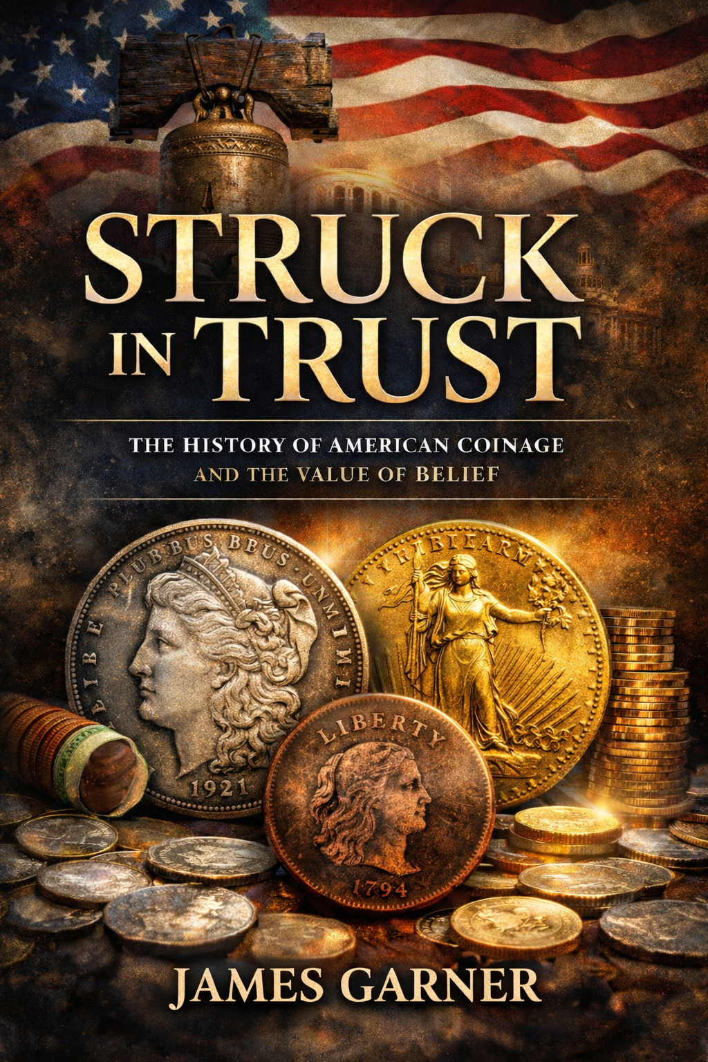 Book cover titled 'Struck in Trust: The History of American Coinage and the Value of Belief' by James Garner, featuring images of coins, a bell, an American flag, and various historic symbols.