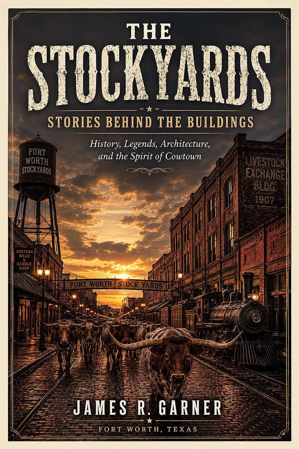 Book cover titled "The Stockyards: Stories behind the buildings" by James R. Garner. Features a historic street scene at sunset with a steam locomotive, cows walking on cobblestone, brick buildings, and a water tower labeled "Fort Worth Stockyards".