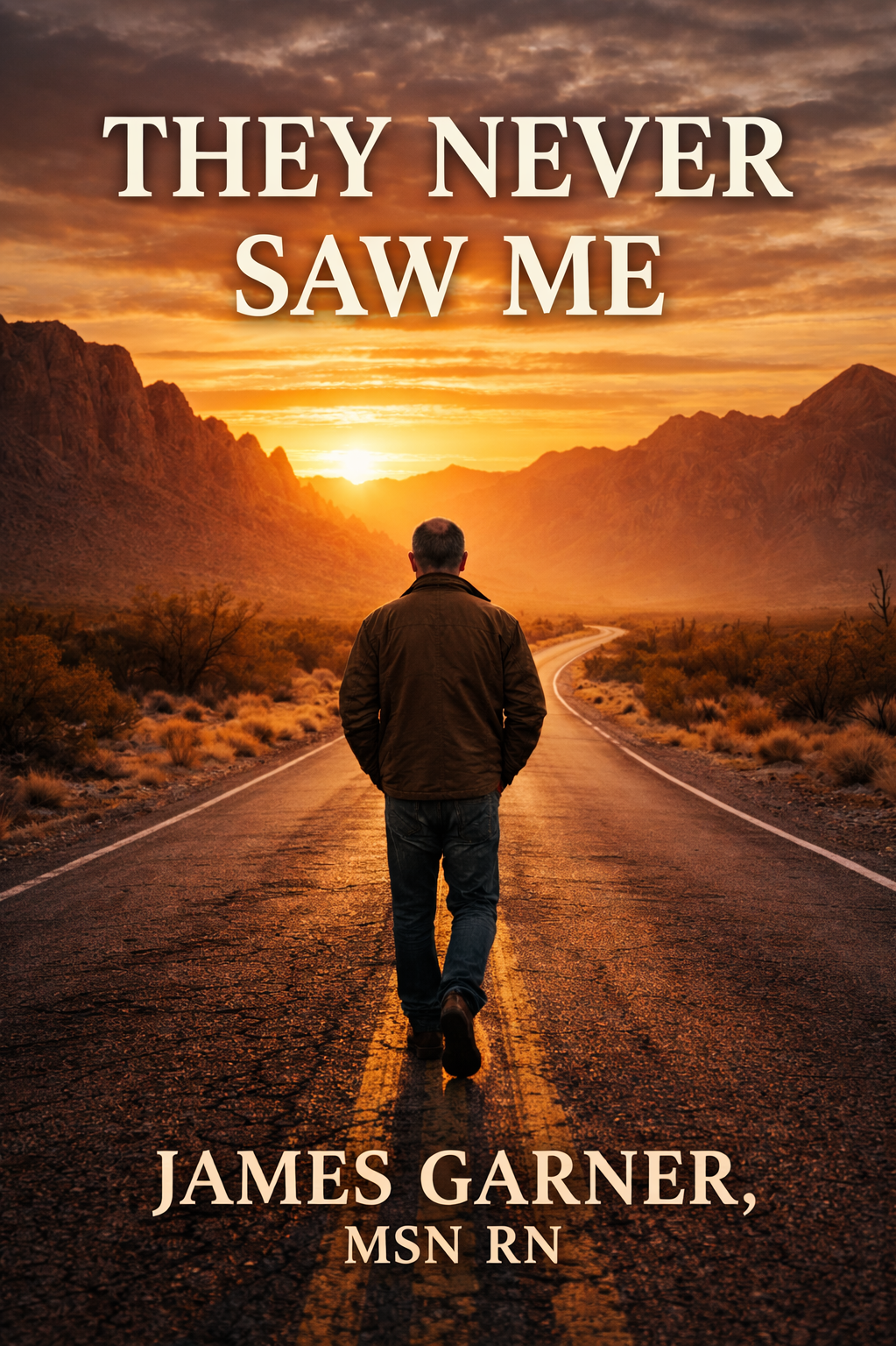 A man walking on a deserted road during sunset in a mountainous desert landscape with a dramatic sky. Overlaid text reads 'They Never Saw Me' and 'James Garner, MSN RN'.