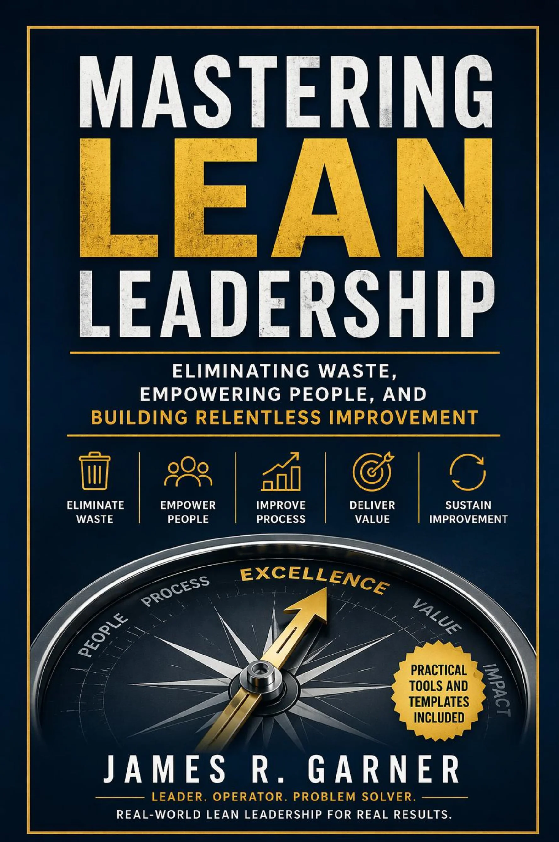 Book cover titled "Mastering Lean Leadership" by James R. Garner. The cover features a dark background with gold accents and icons representing waste elimination, empowering people, improving processes, delivering value, and sustaining improvement. It highlights practical tools and templates included, and emphasizes real-world lean leadership for real results.