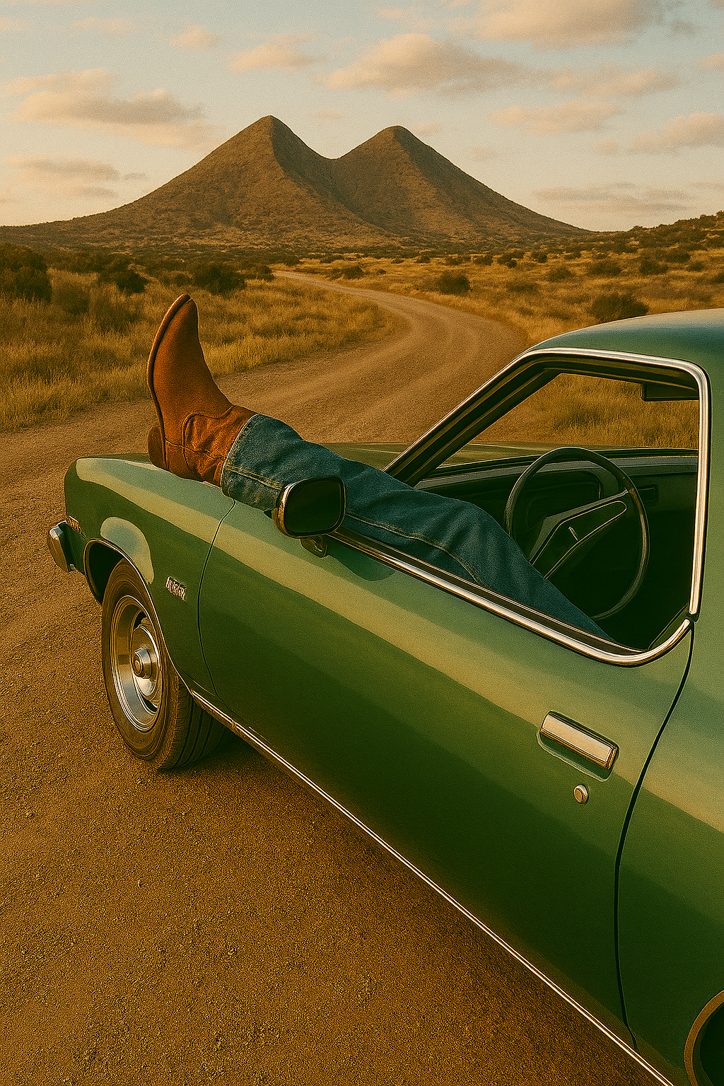 A person wearing jeans and brown boots relaxing with their leg propped up on the side of a green vintage truck, parked on a dusty road in a desert landscape with two mountain peaks in the background during sunset.
