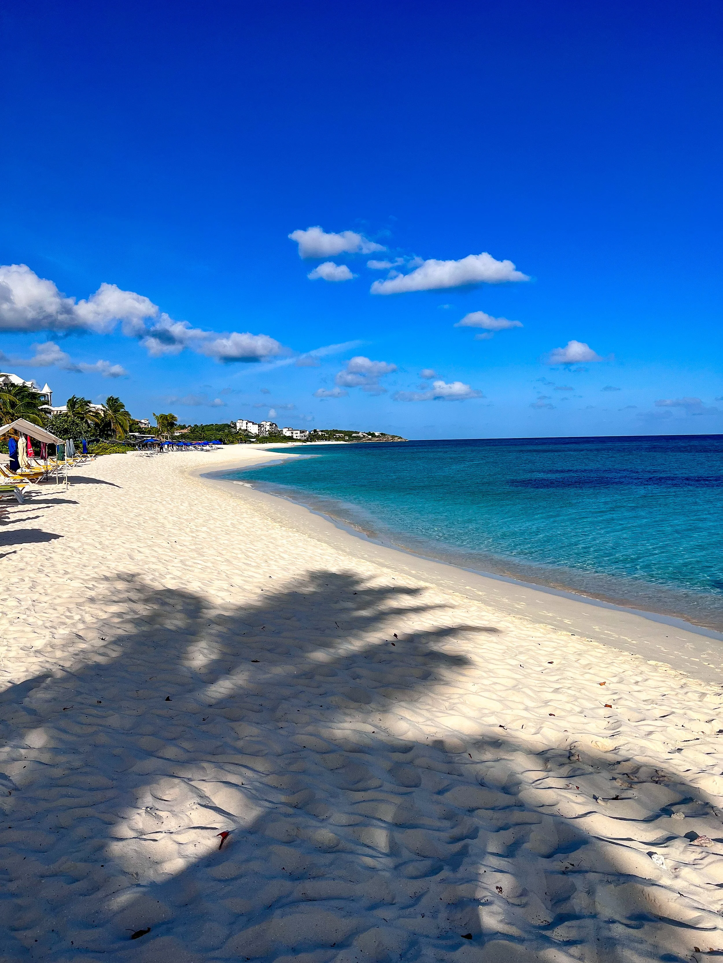 Sunny beach with white sand, blue sky with scattered clouds, and turquoise ocean. There are beach chairs shaded by umbrellas and shadows of palm trees on the sand.