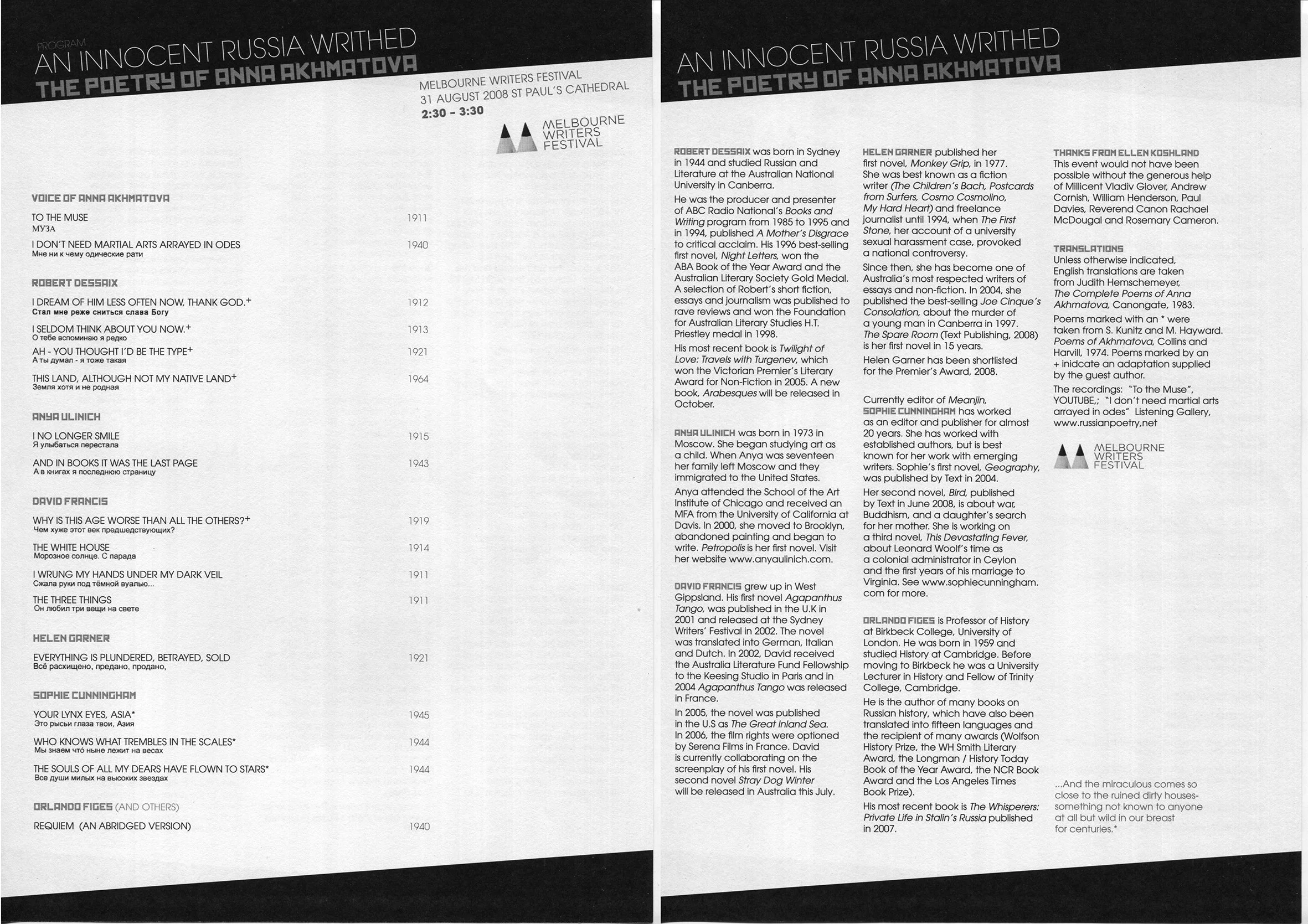 Program, The Poetry of Anna Akhmatova, Melbourne Writers Festival 2008