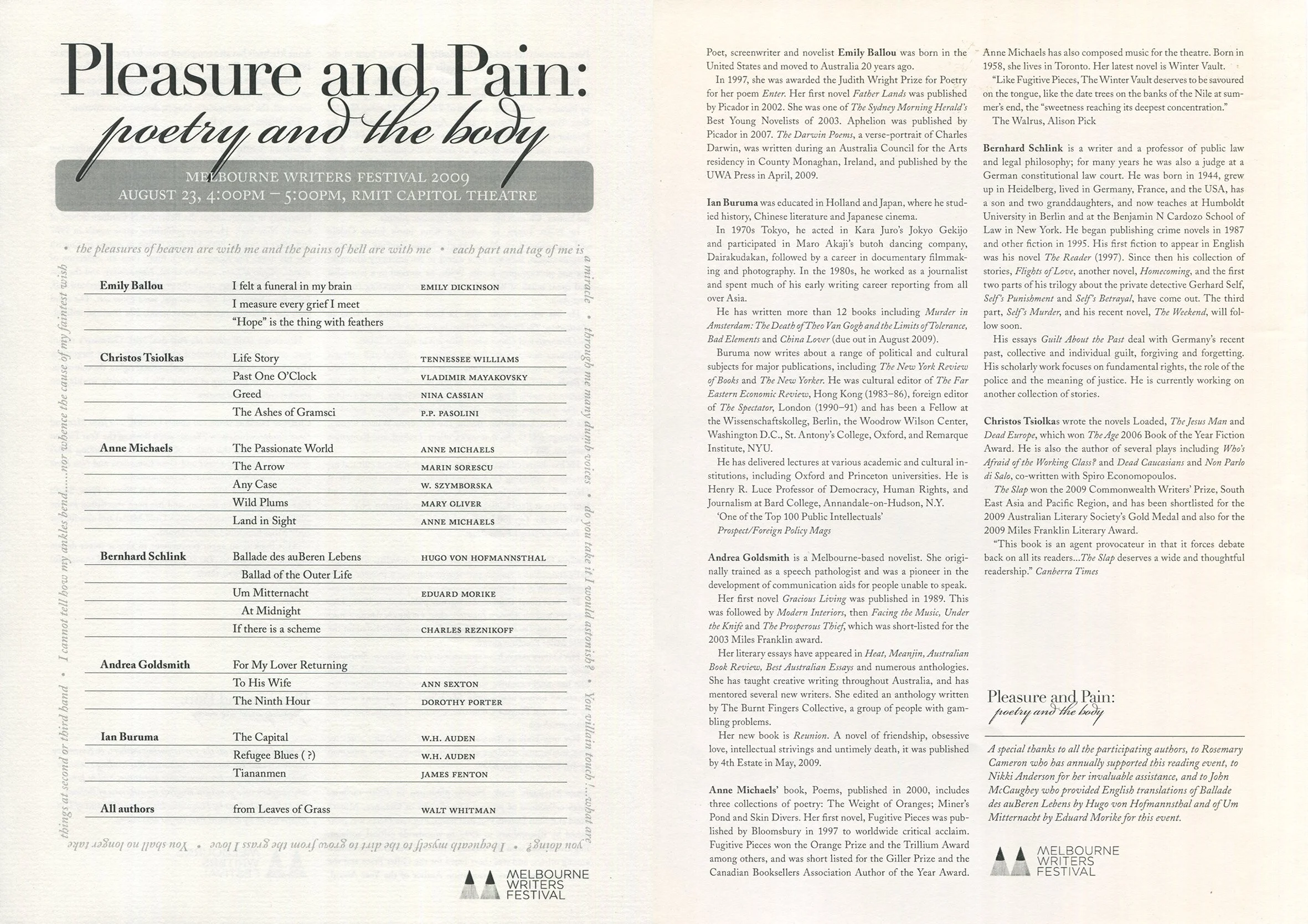 Pleasure & Pain: Poetry & the body, Melbourne Writers Festival 2009