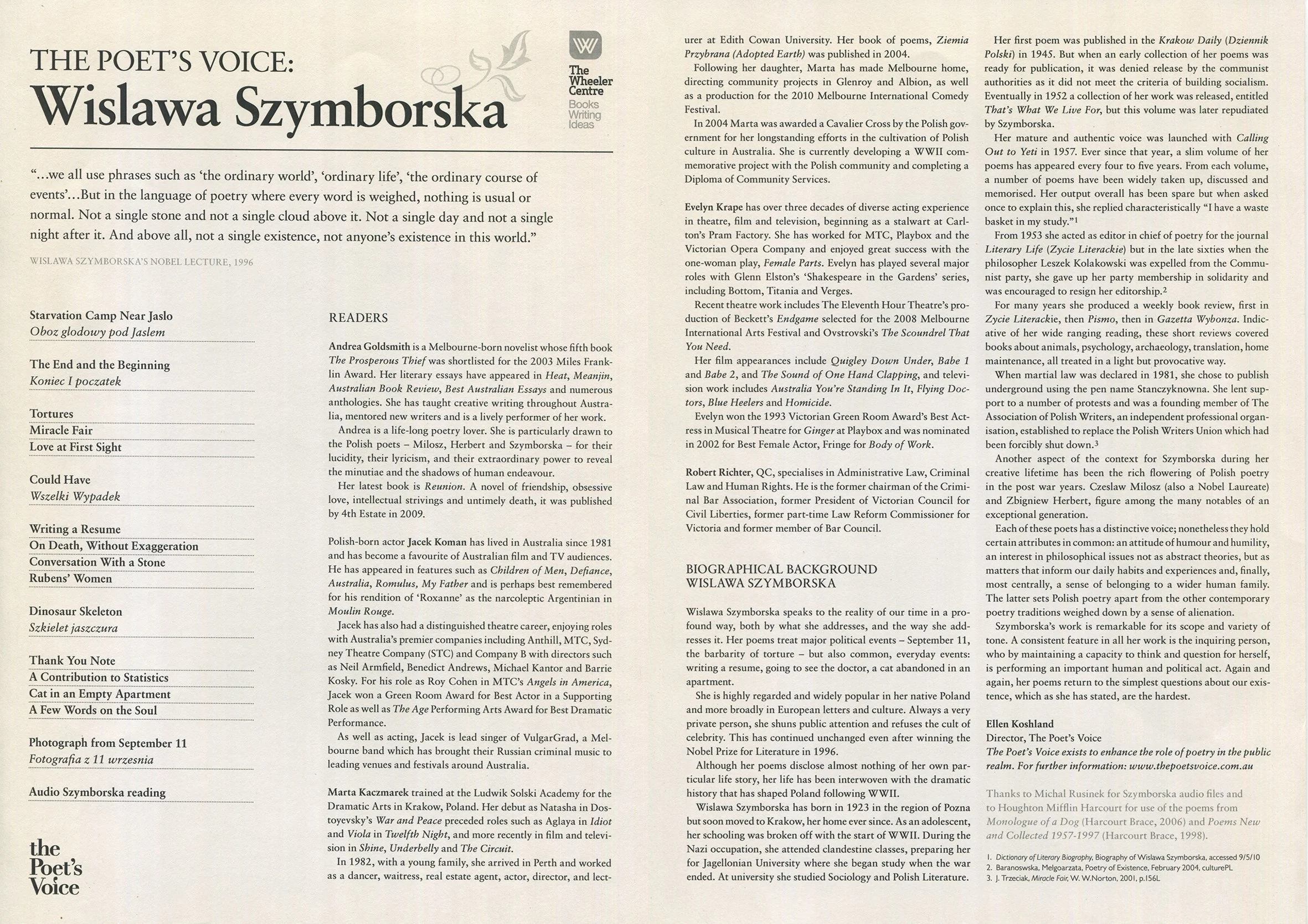 The Poet's Voice: Wislawa Szymborska, 2010