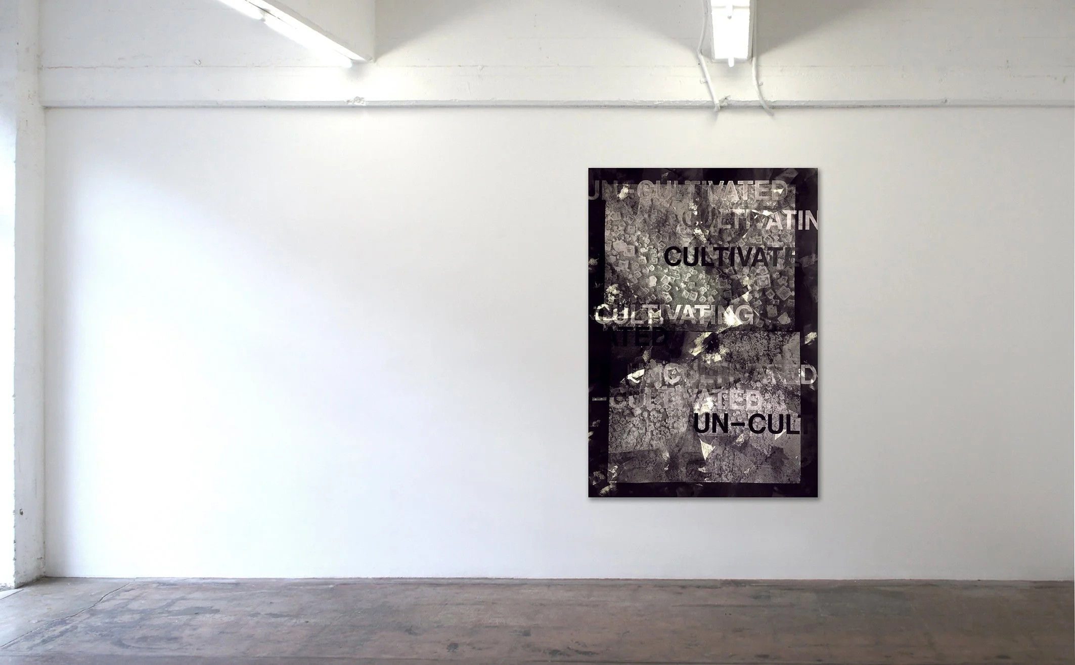 Cultivate, hand screen printed with water based inks onto canvas, printed with Stewart Russell, Spacecraft, 175cm x 125cm, 2020