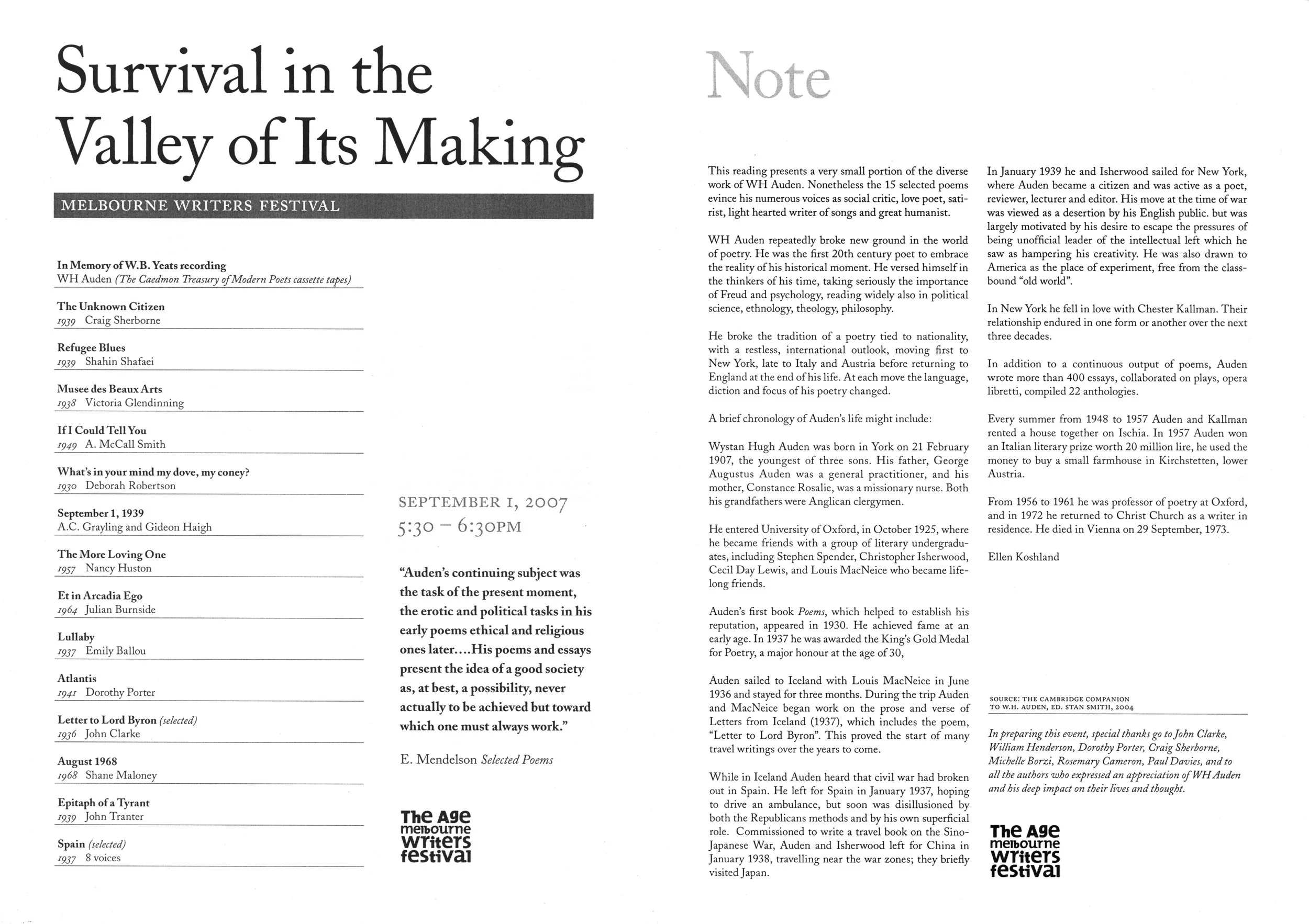 Melbourne Writers Festival, Survival in the Valley of Its Making, 2007