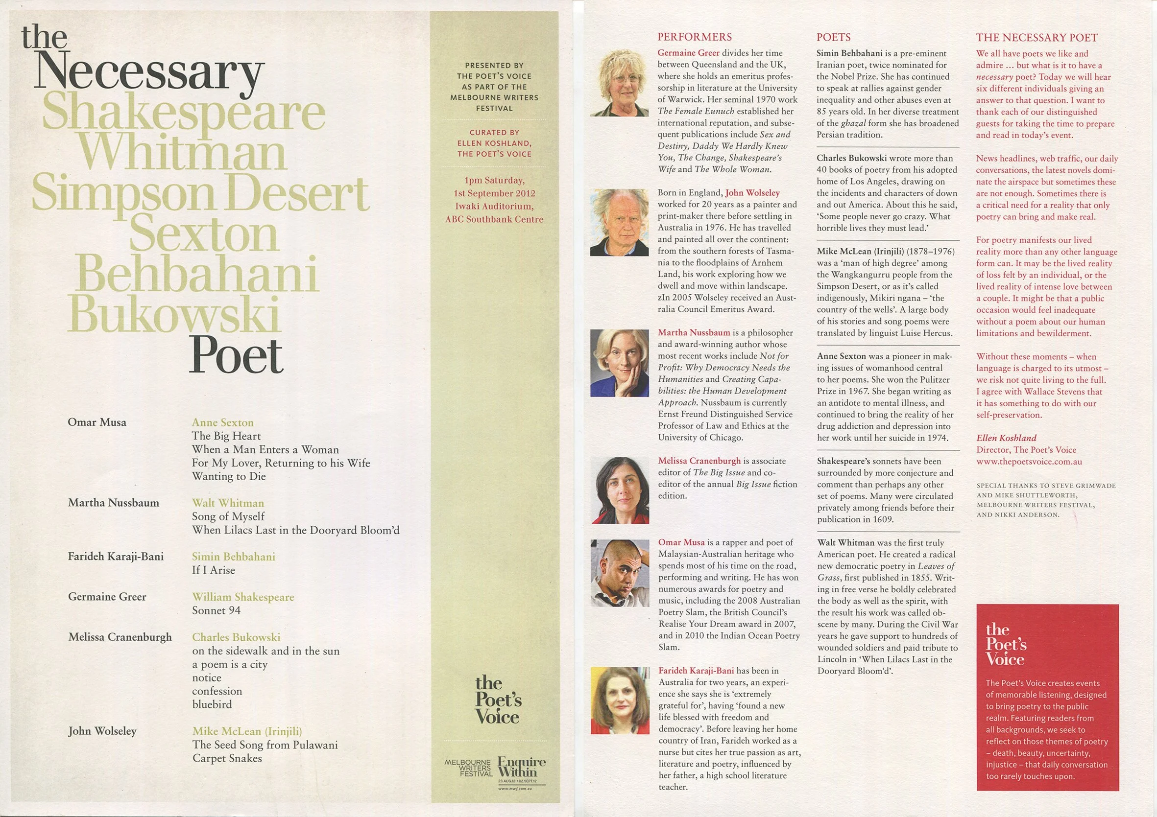 the Necessary, Shakespeare, Whitman, Simpson Desert, Sexton, Behbahani, Bukowski, Poet ( The Poet's Voice ) Sep 2012