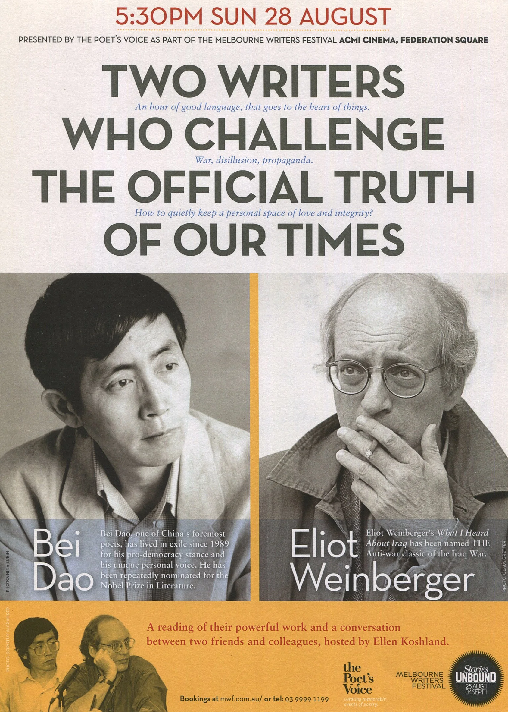 The Poet's Voice, Acmi, Bei Dao, Eliot Weinberger, Melbourne Writers Festival 2011