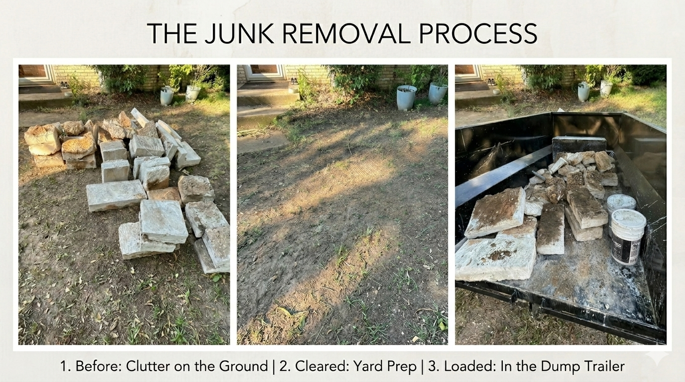 Three-panel photo series showing the junk removal process: 1) pile of rocks and bricks on the ground, 2) cleared yard with dirt and sparse grass, 3) black dump trailer filled with rocks and bricks.