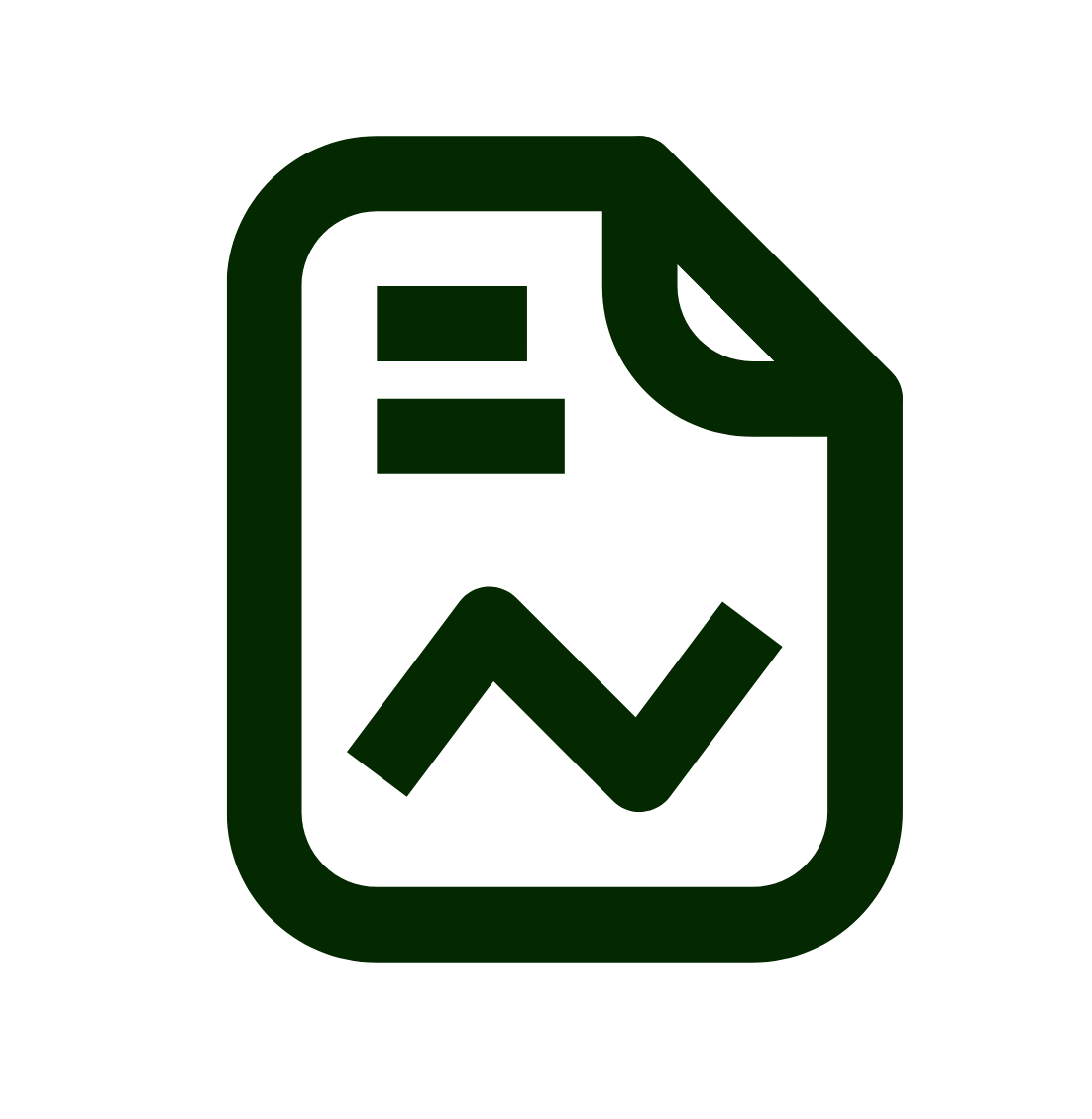 Icon of a document with a bar chart and a descending line graph in dark green.