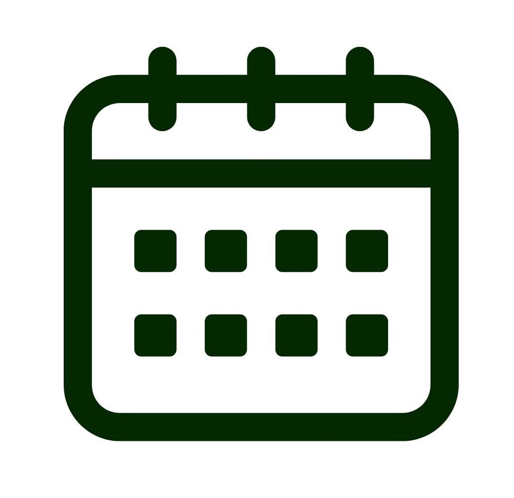 A green outline icon of a calendar with a grid of squares, representing a date or schedule.