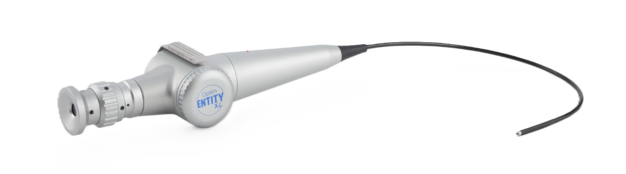 Silver medical endoscope used to visualize the nose, throat, and airway for use in FEES by SLPs