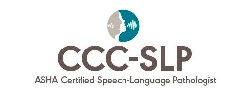 Logo for CCC-SLP, ASHA Certified Speech-Language Pathologist, featuring a circular icon with a profile of a face and sound waves.