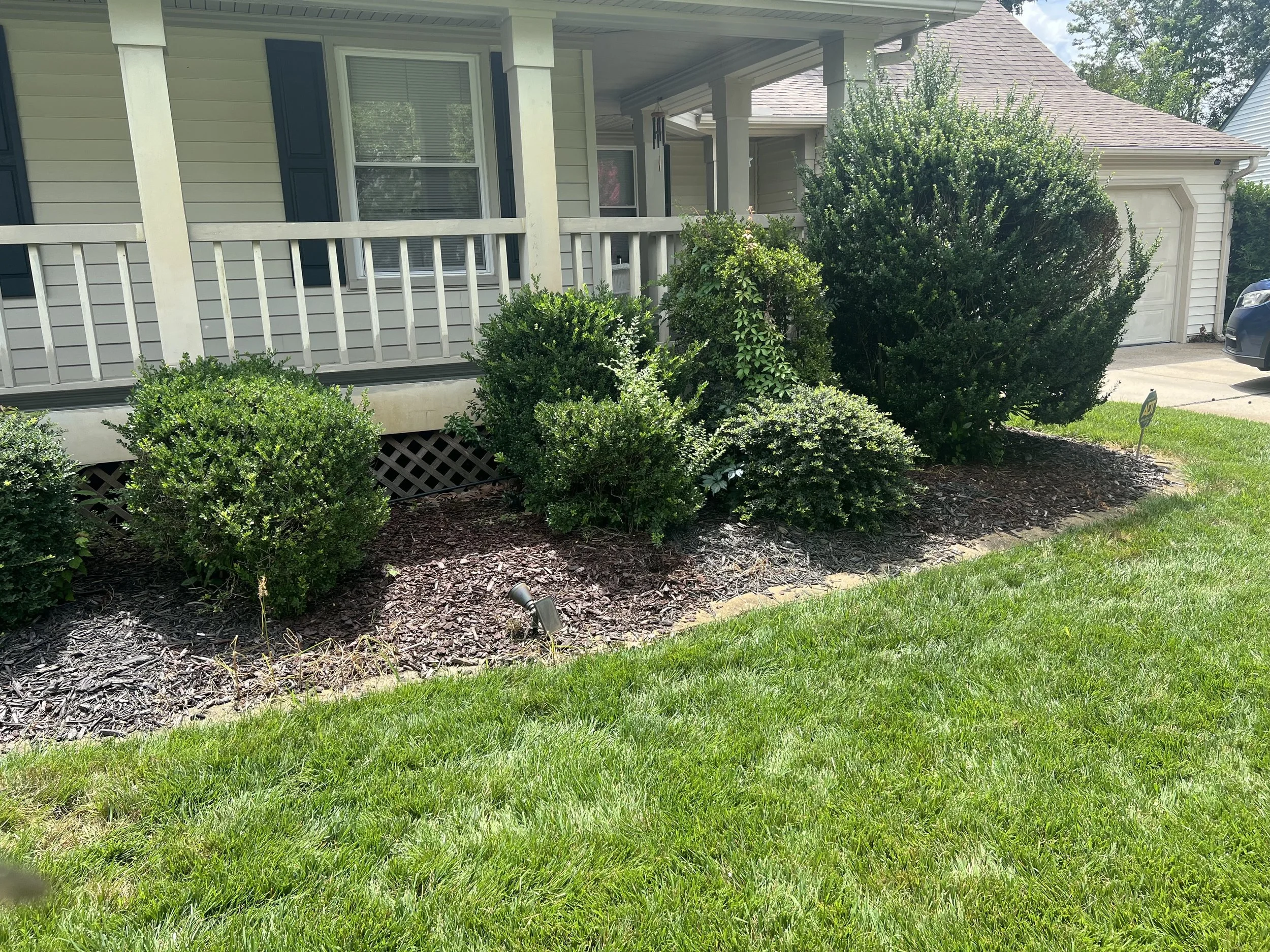 Front yard garden with trimmed shrubs and mulch, in front of a house with a porch and a side view of a garage and a driveway.