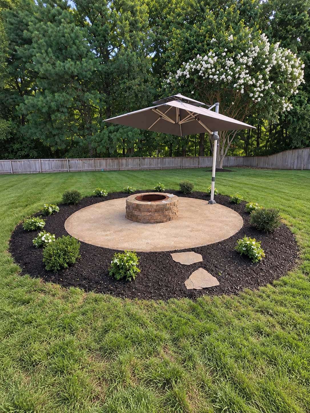 Result of removing weeds, refreshing the edge, laying weed barrier, and installing mulch, plants, and a paver walkway