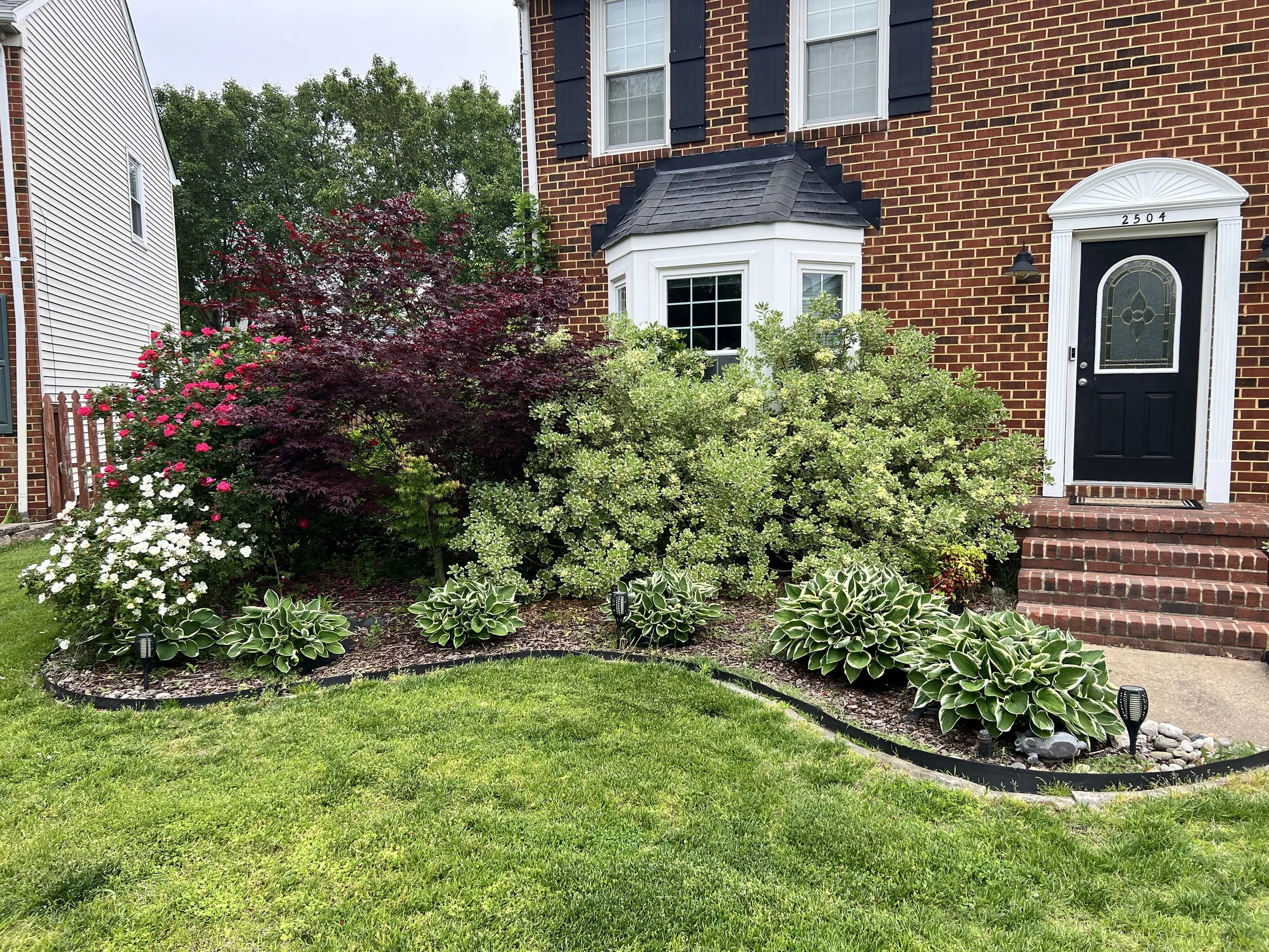 Front yard garden with colorful flowering plants, bushes, and a manicured lawn in front of a brick house with black door and white trim.