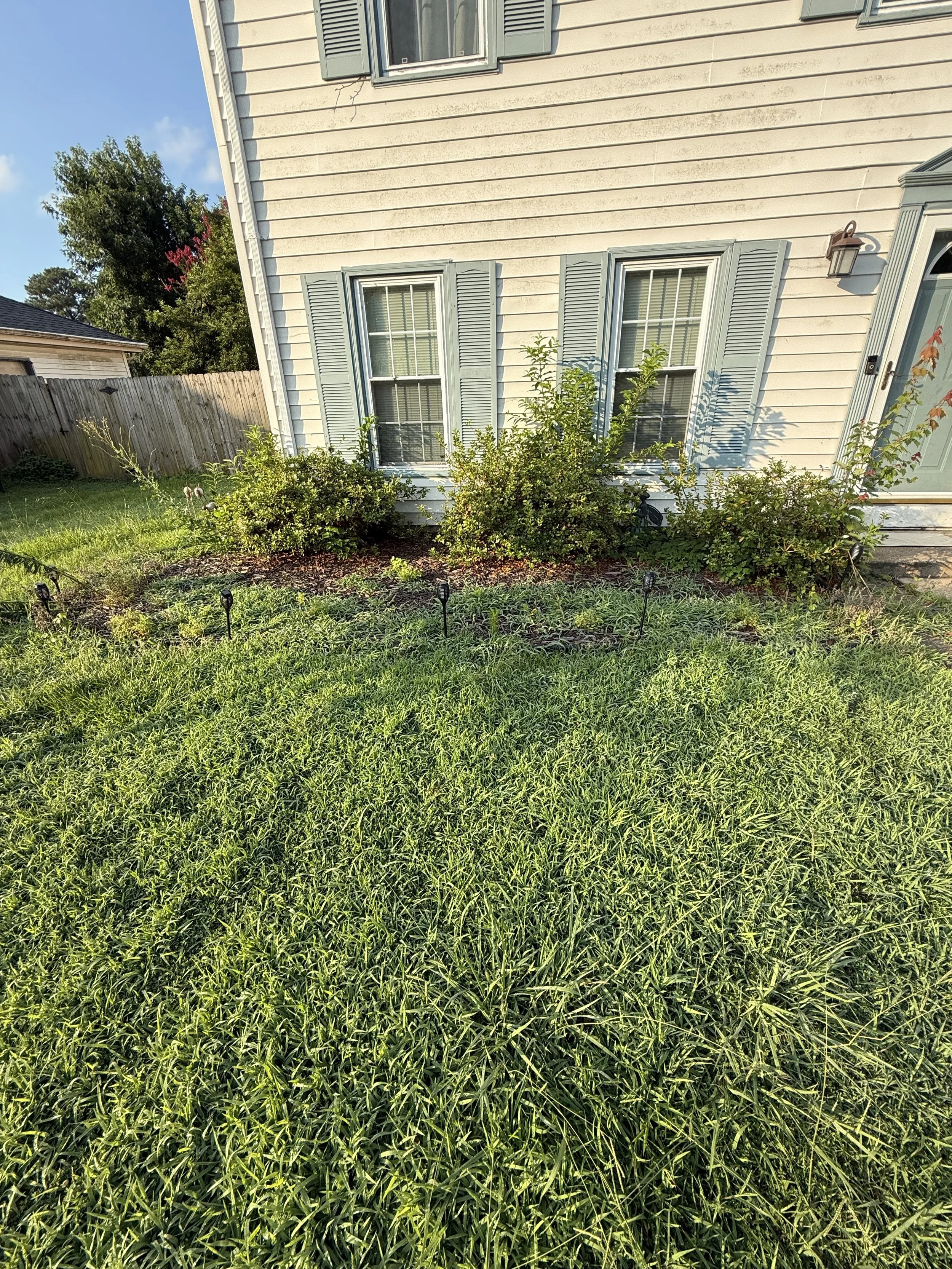 Photo of the side of a house with beige siding, two windows with closed blue shutters, and a garden bed with plants in front. The lawn is green and slightly overgrown, and there is a picket fence in the background.