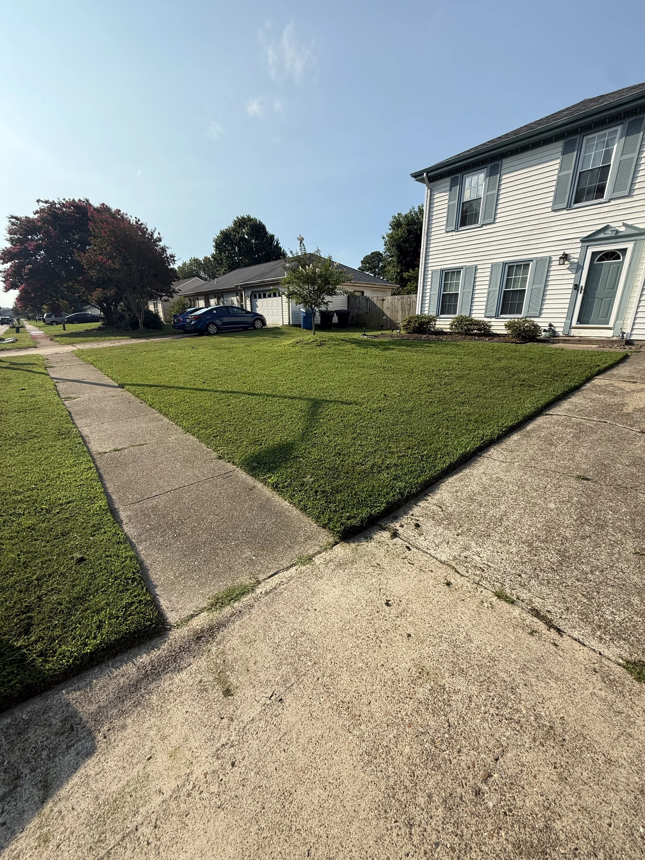 A residential neighborhood with a green lawn, residential houses, cars parked on the street, and trees under a clear blue sky.