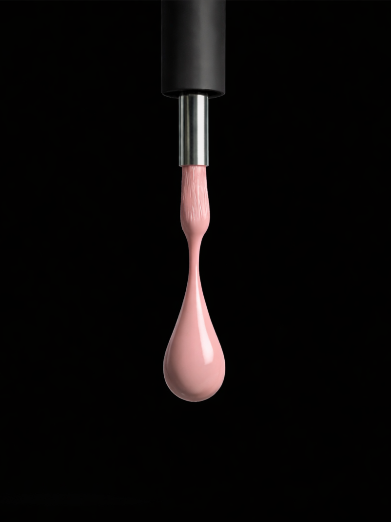 A close-up of a pink liquid nail polish being dispensed from a brush against a black background.