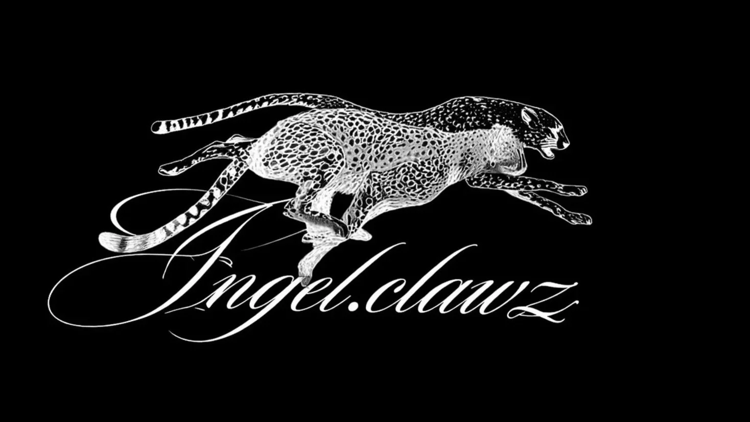 A stylized illustration of a running cheetah with intricate line details, with the text 'Ingel.clawz' in cursive script underneath, all on a black background.