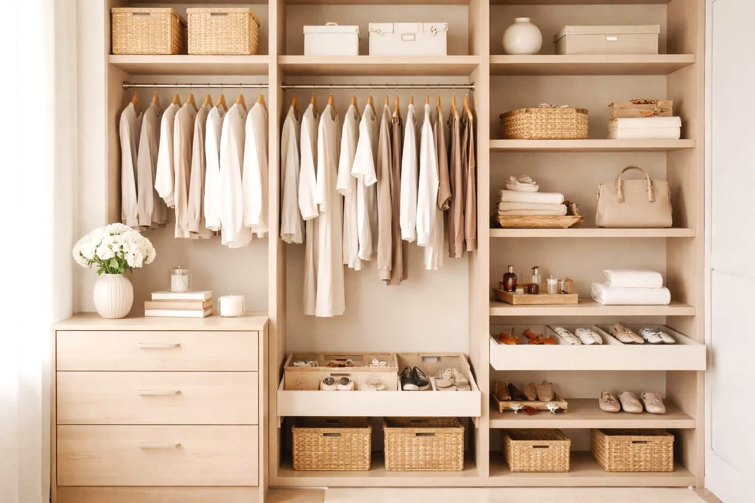 A neatly organized closet with clothing hanging on rods, shelves with baskets, boxes, and folded towels, and a dresser with a vase of flowers, candles, and books.