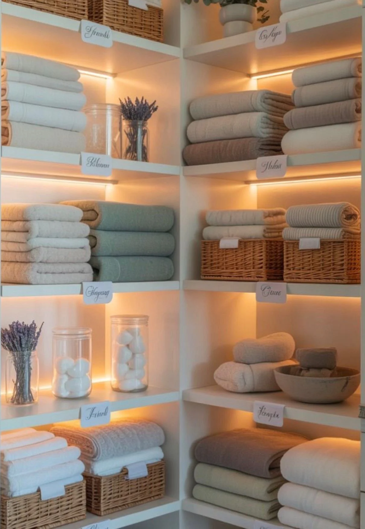 Shelves filled with neatly folded towels, jars of cotton balls, and sprigs of lavender, with labels indicating different categories of linens and accessories.