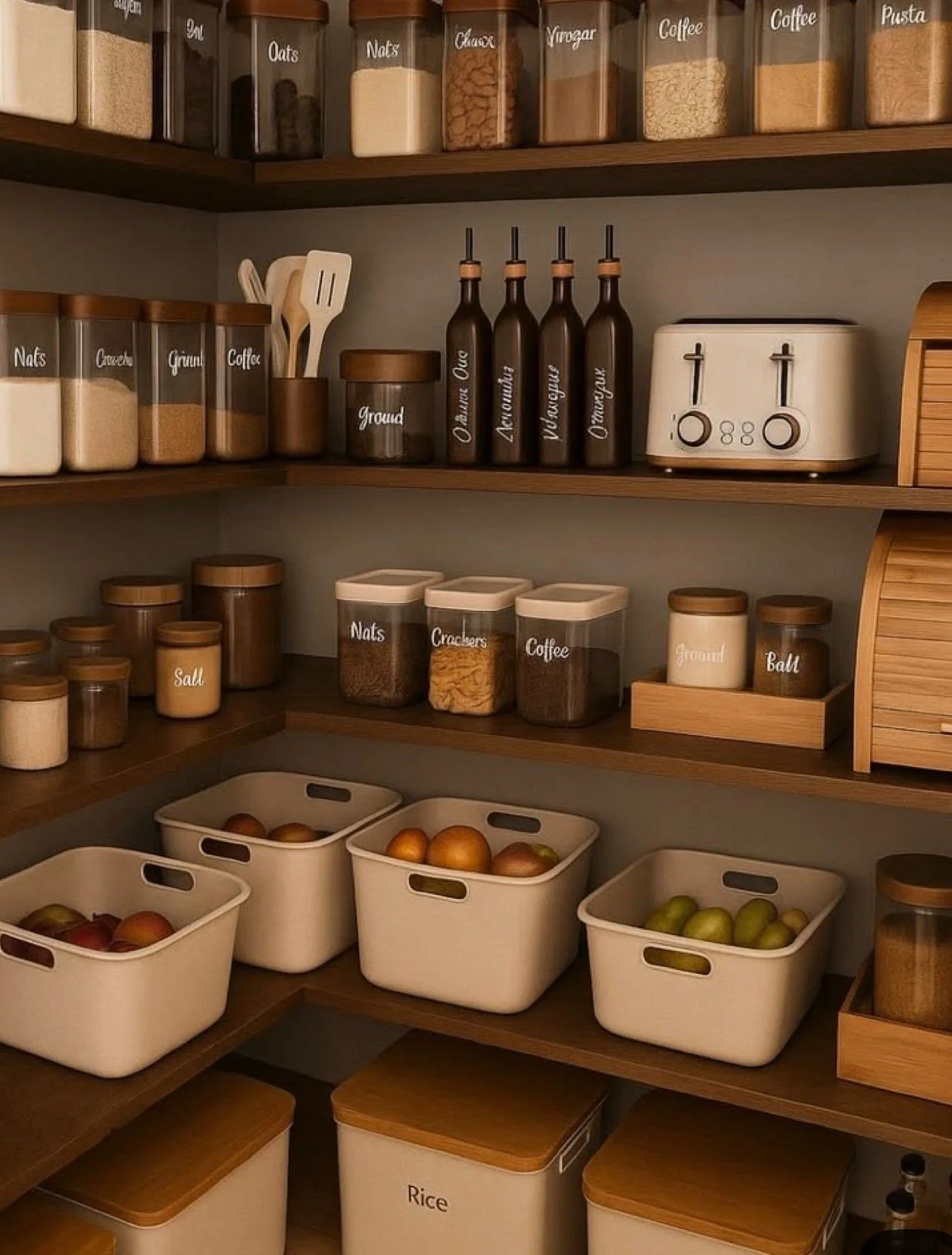Pantry shelves with labeled containers of dried foods, spices, and cooking ingredients, including oats, nuts, chocolate, vinegar, coffee, ground spices, and fresh produce like apples and pears.