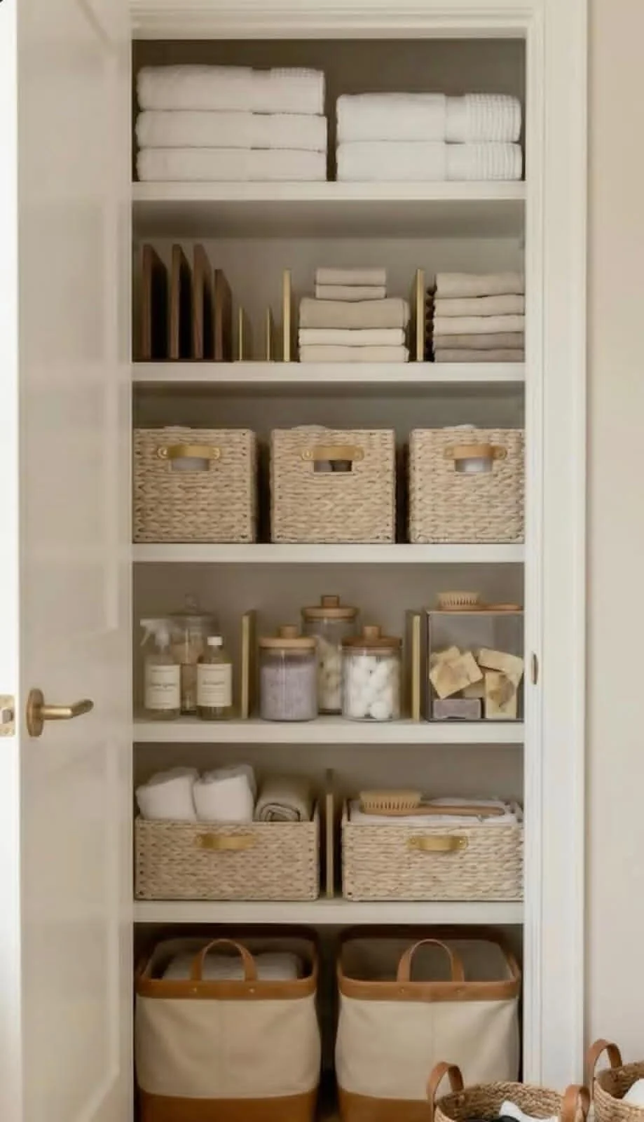 A neatly organized closet with shelves holding towels, baskets, jars of toiletries, and storage bins.