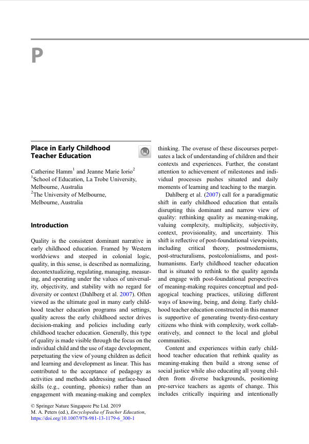 Place in Early Childhood Teacher Education