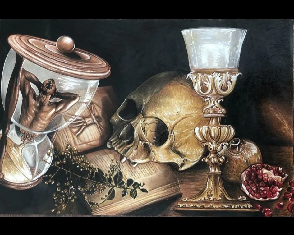 "The Chalice" (Of The Sacrifice of Art)  Da Vinci | Painting inspired by the time between life and death where everything begins with a drink | Technique: mixed tattoo ink on brown paper and colored pencil (size: A3)