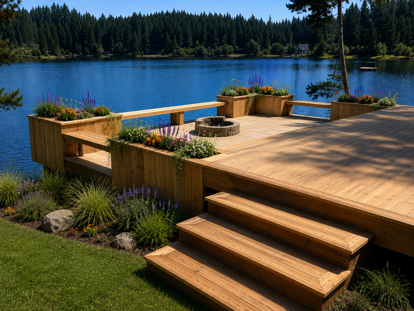 Ark Built Carpentry custom designed cedar deck tiered with beautiful stairs, bench seating, and flower planters overlooking a lake with trees in the background.