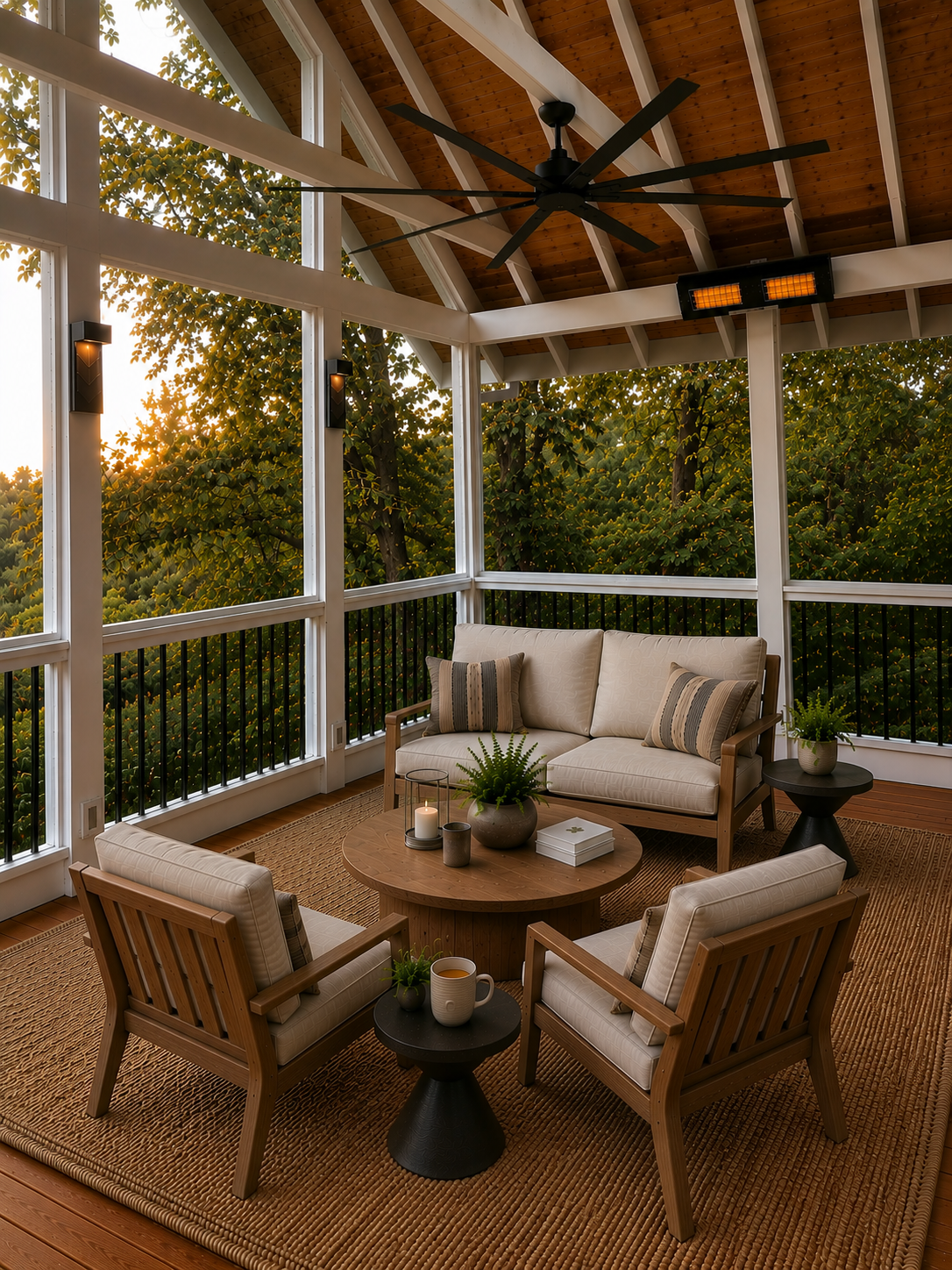 Ark Built Carpentry custom design build Sunlit screened porch with wooden furniture, including a sofa, two armchairs, a round coffee table with candles, potted plants, and a ceiling fan, surrounded by lush green trees.
