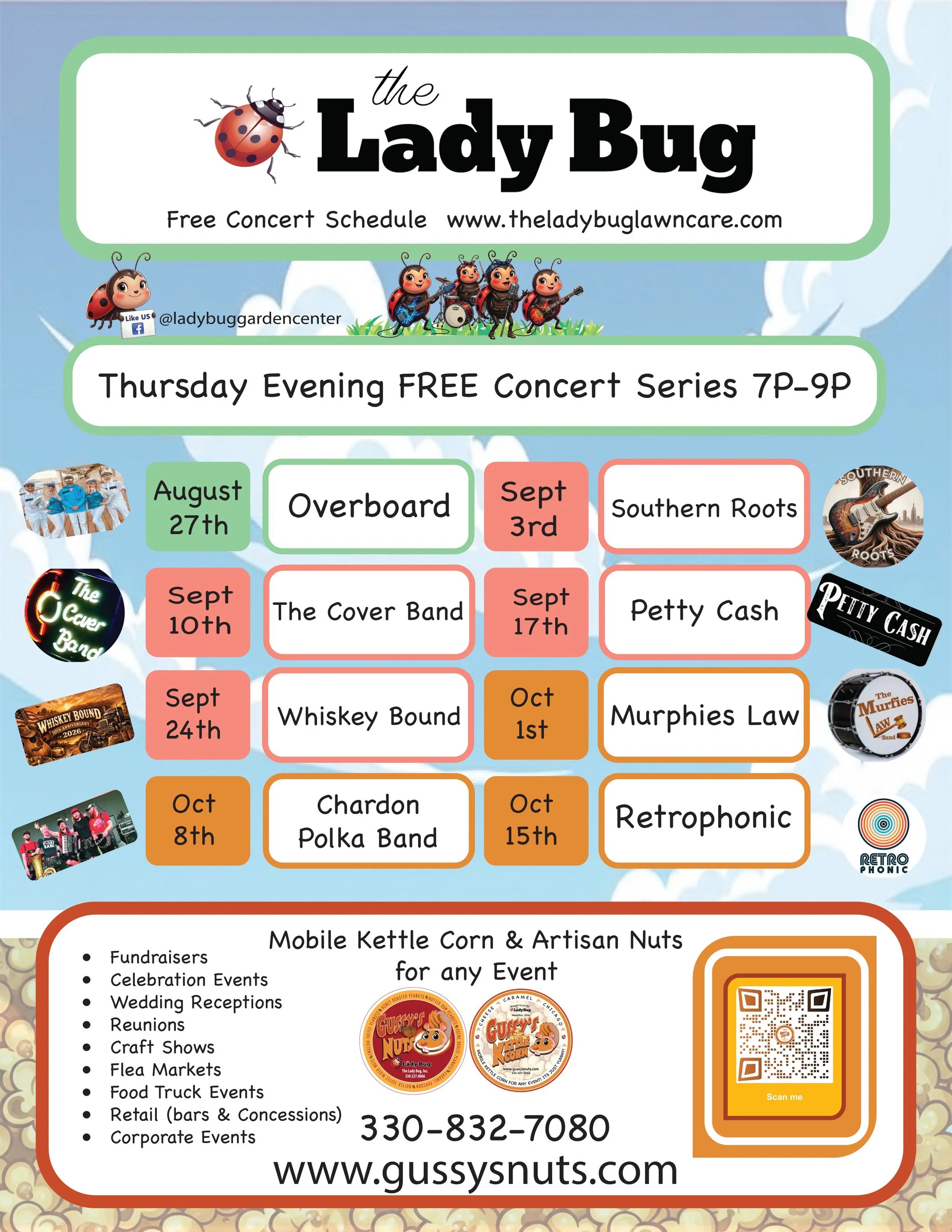 Flyer for The Lady Bug's free Thursday evening concert series featuring various bands throughout August, September, and October. The flyer displays band names, dates, and images of insects and music-related icons, along with contact information and a QR code for Gussy’s Nuts.