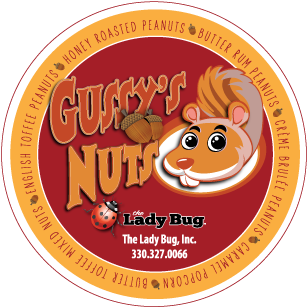 Gus's Nuts snack bag featuring a cartoon hamster and a ladybug logo. Gussys nuts, massillon ohio