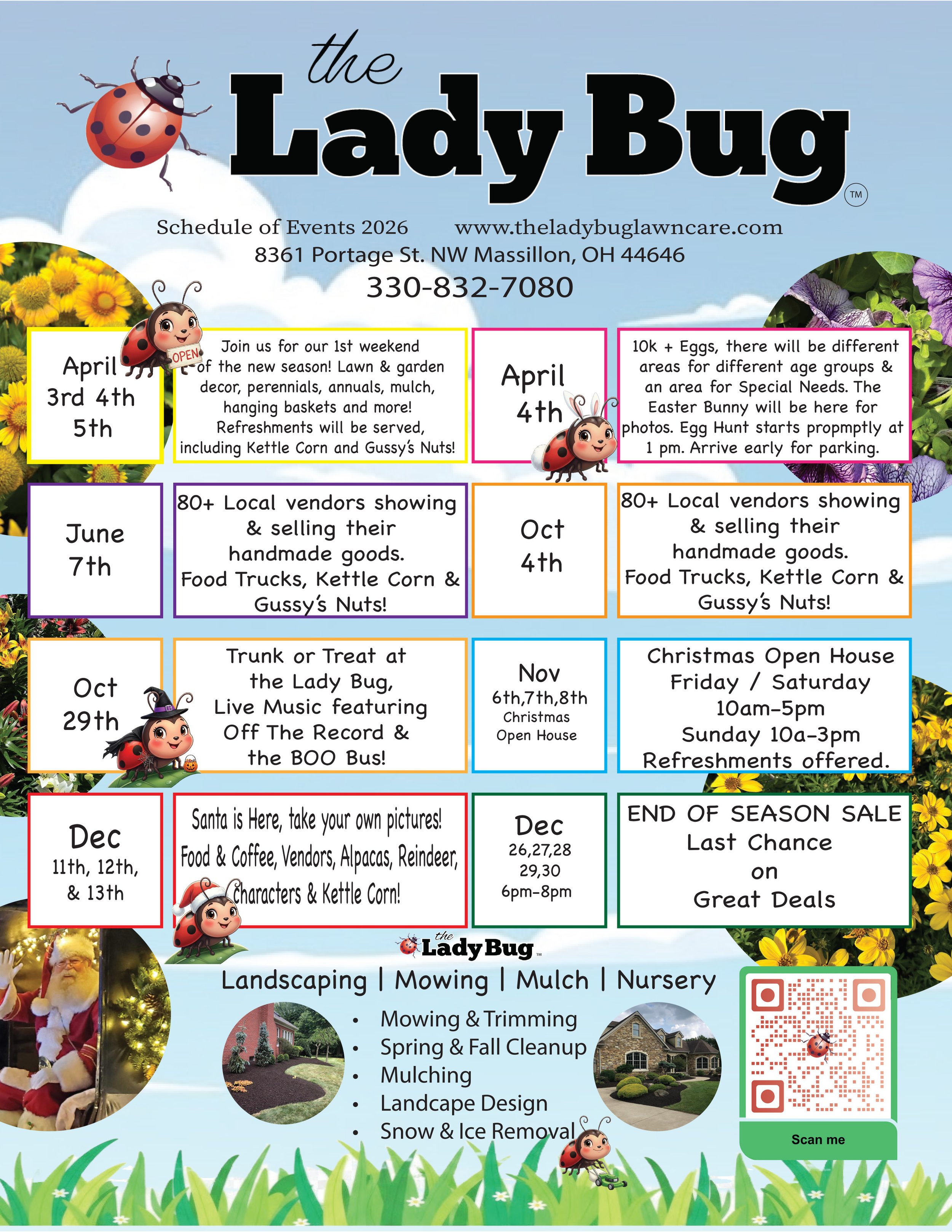 A colorful event calendar for The Lady Bug lawn care business, featuring schedules for spring and fall activities, vendor markets, holiday celebrations, Free concerts
