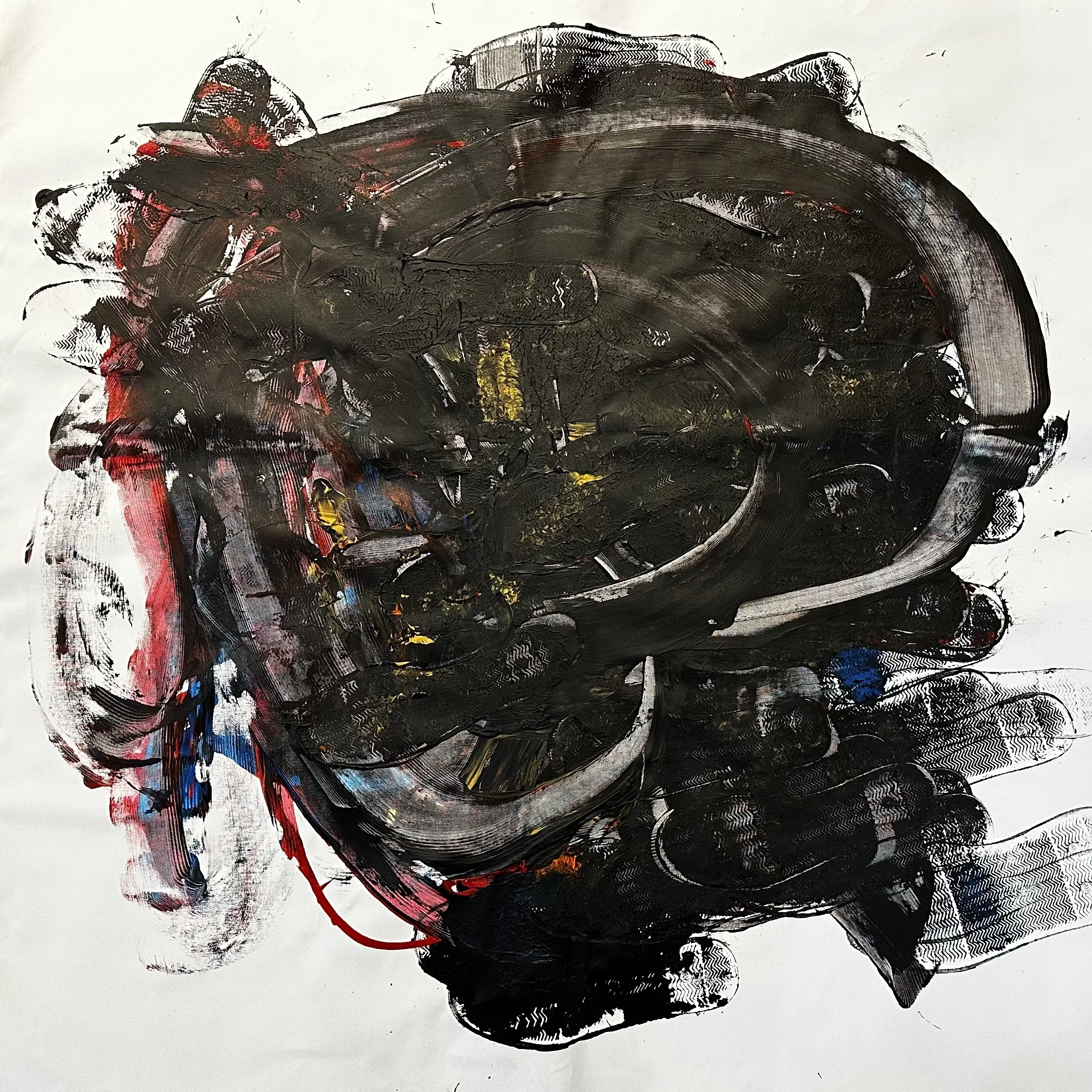 Abstract painting with black, red, yellow, blue, and white colors in sweeping, layered strokes.