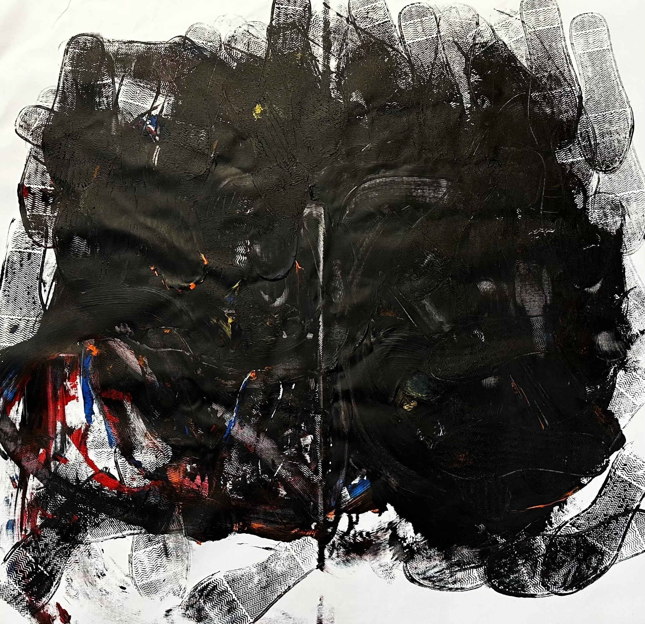 Abstract artwork with black paint strokes, splashes of red, blue, and white, on a white background.