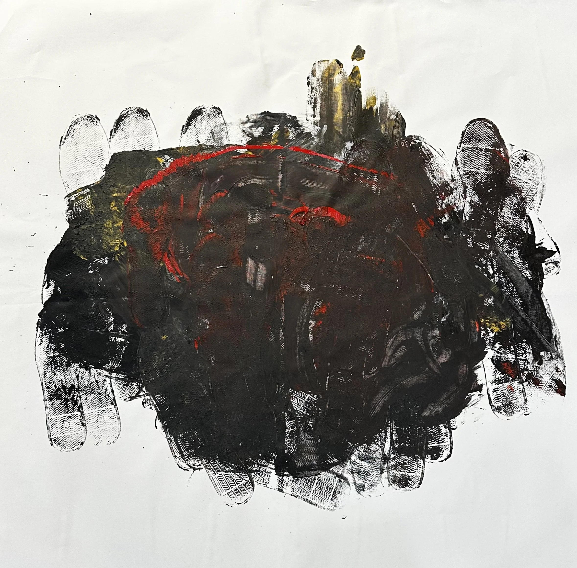 Abstract mixed media artwork featuring black, red, and gold paint on paper with textured and layered elements.