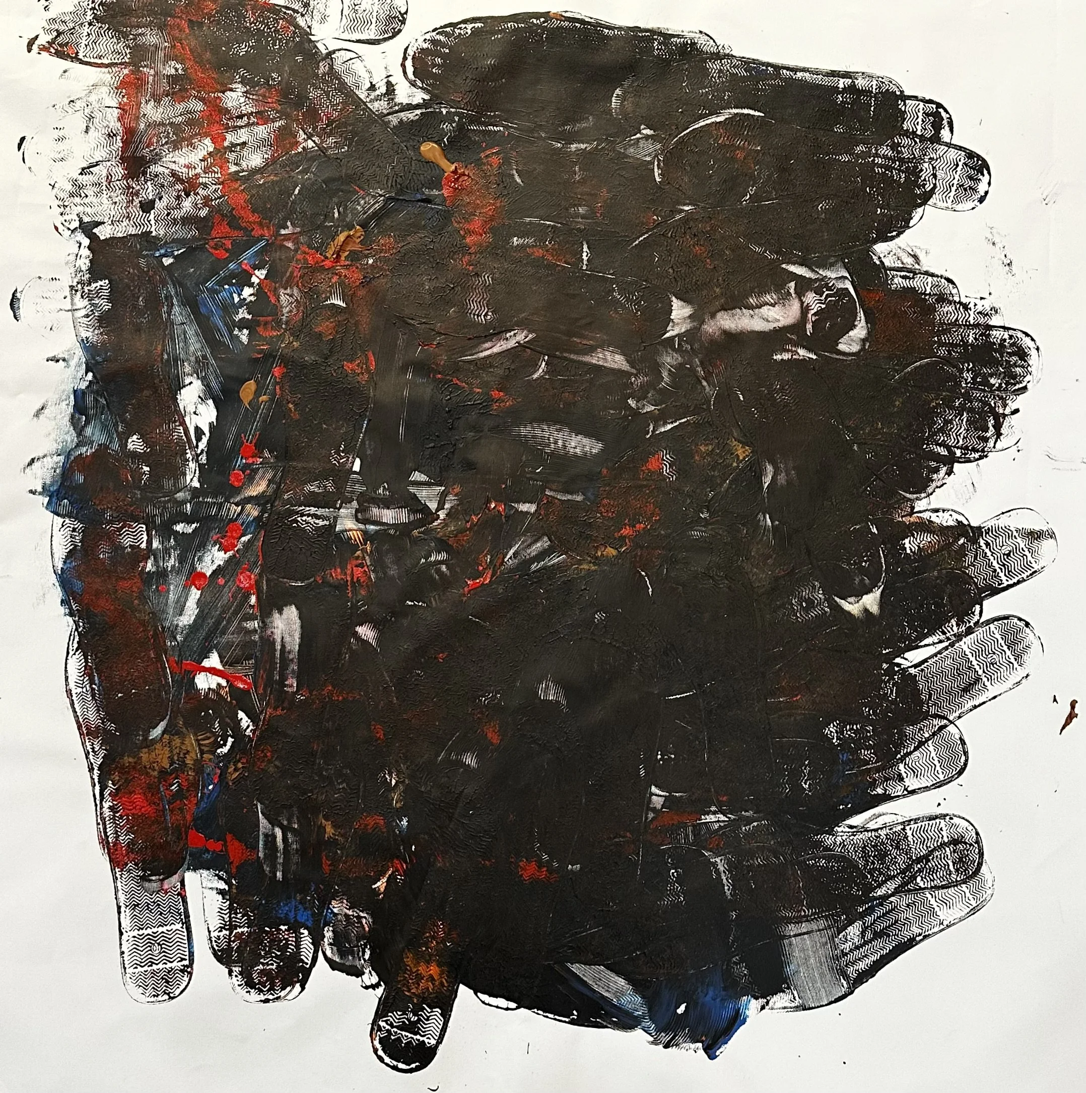 Abstract painting with black, red, blue, and orange paint on a white background, featuring textured brushstrokes and overlapping hand prints.