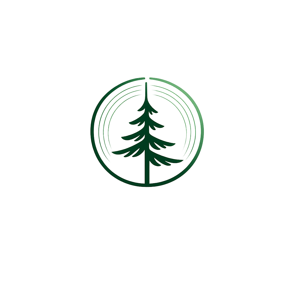 A minimalist green line drawing of a pine tree inside a circle, with the words 'Nature's Circle' written above.