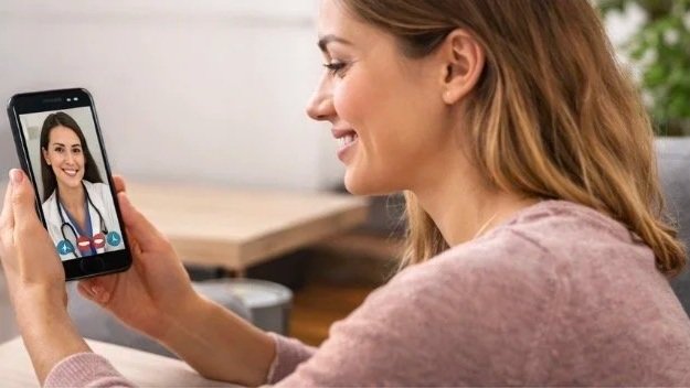 A woman smiling while taking a selfie with her smartphone, a doctor wearing a white coat and stethoscope visible on the phone screen.