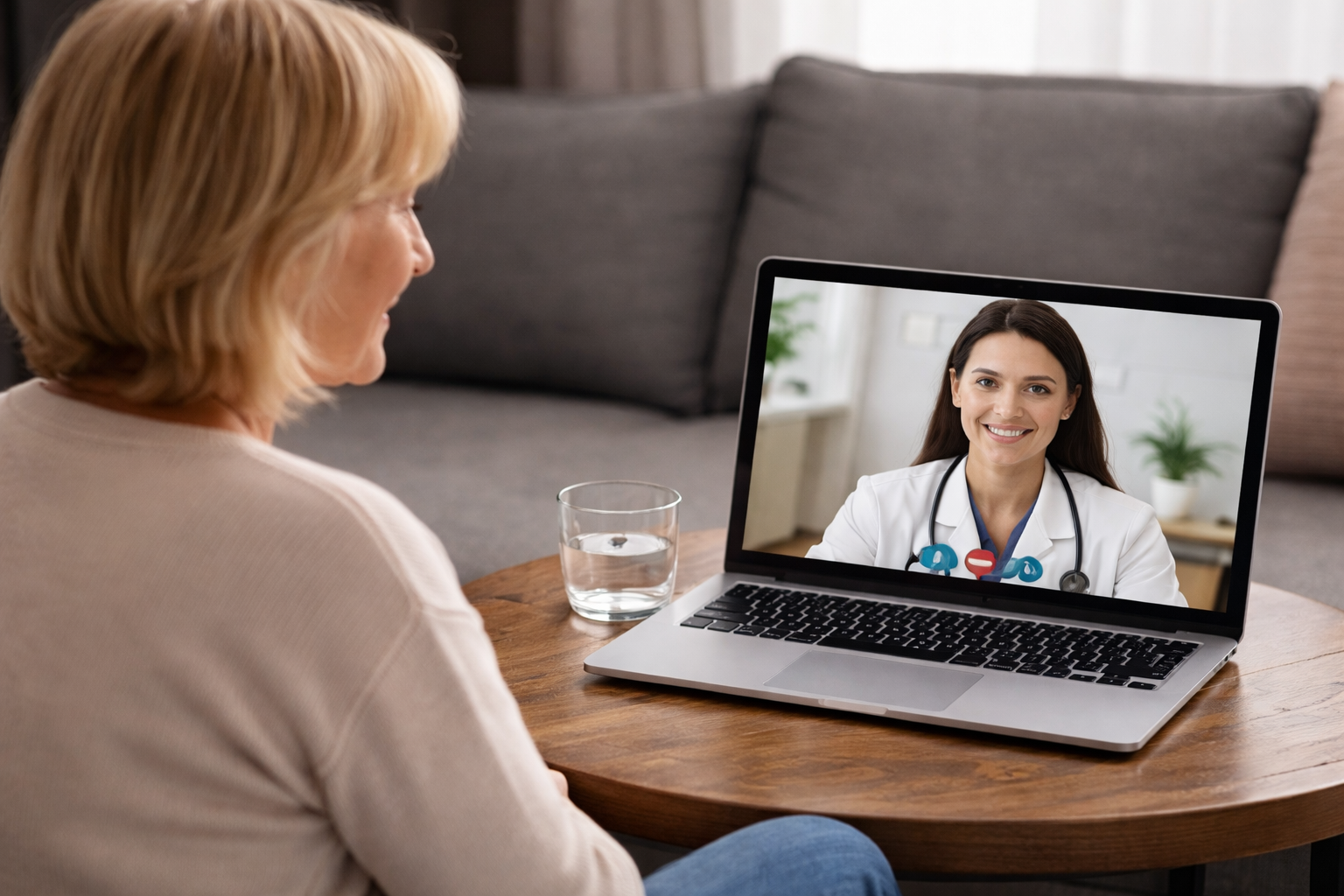 A woman with blonde hair smiling during a telehealth consulation with a physician wearing a white coat and stethoscope on a laptop.