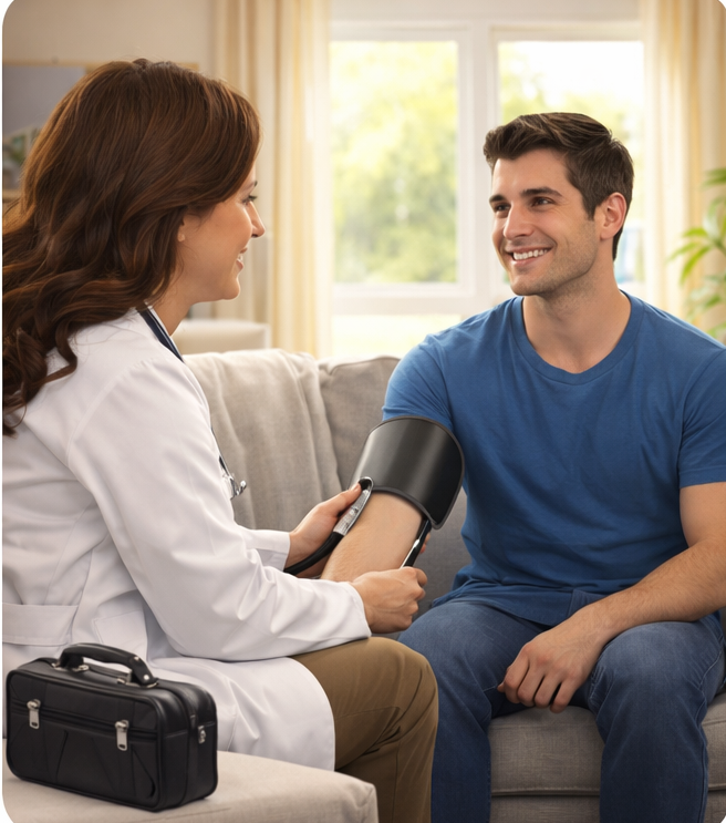 A healthcare providerl taking a man's blood pressure during a check-up in a patients home with a window in the background.