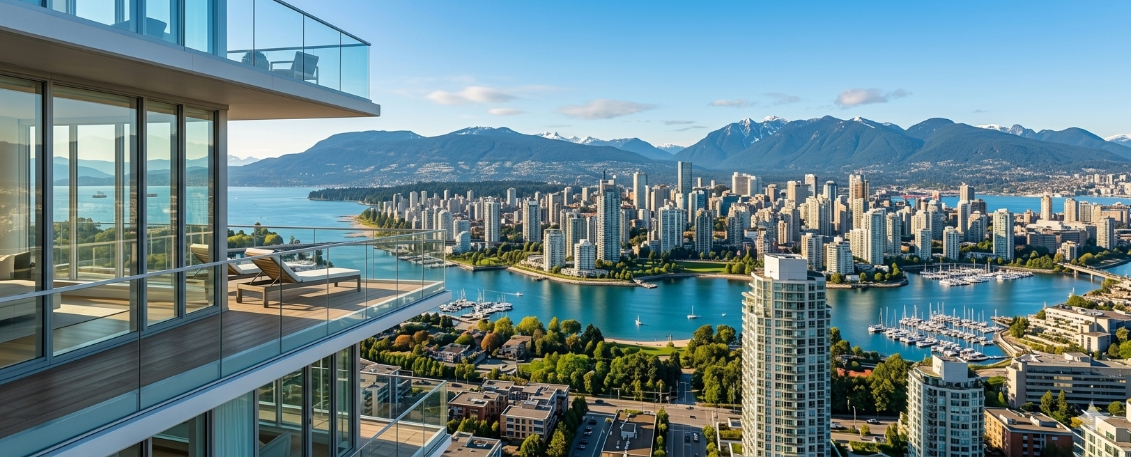 Vista panorámica de la ciudad con rascacielos, un cuerpo de agua y montañas en el fondo, vista desde un balcón con sillones y mesa en un edificio moderno.