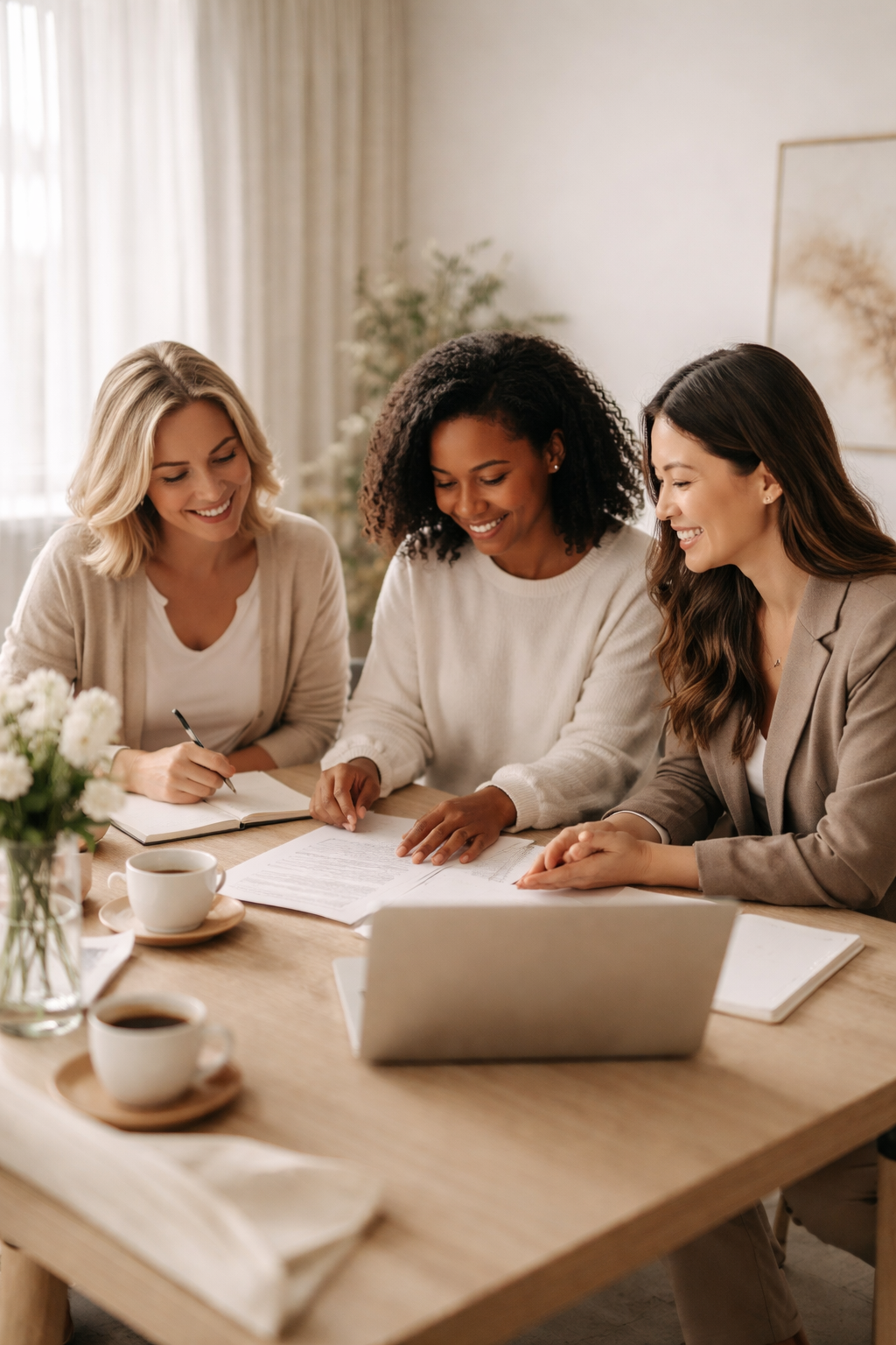 Three women sitting at a table, smiling and discussing documents, with coffee cups, notebooks, and a laptop in front of them.